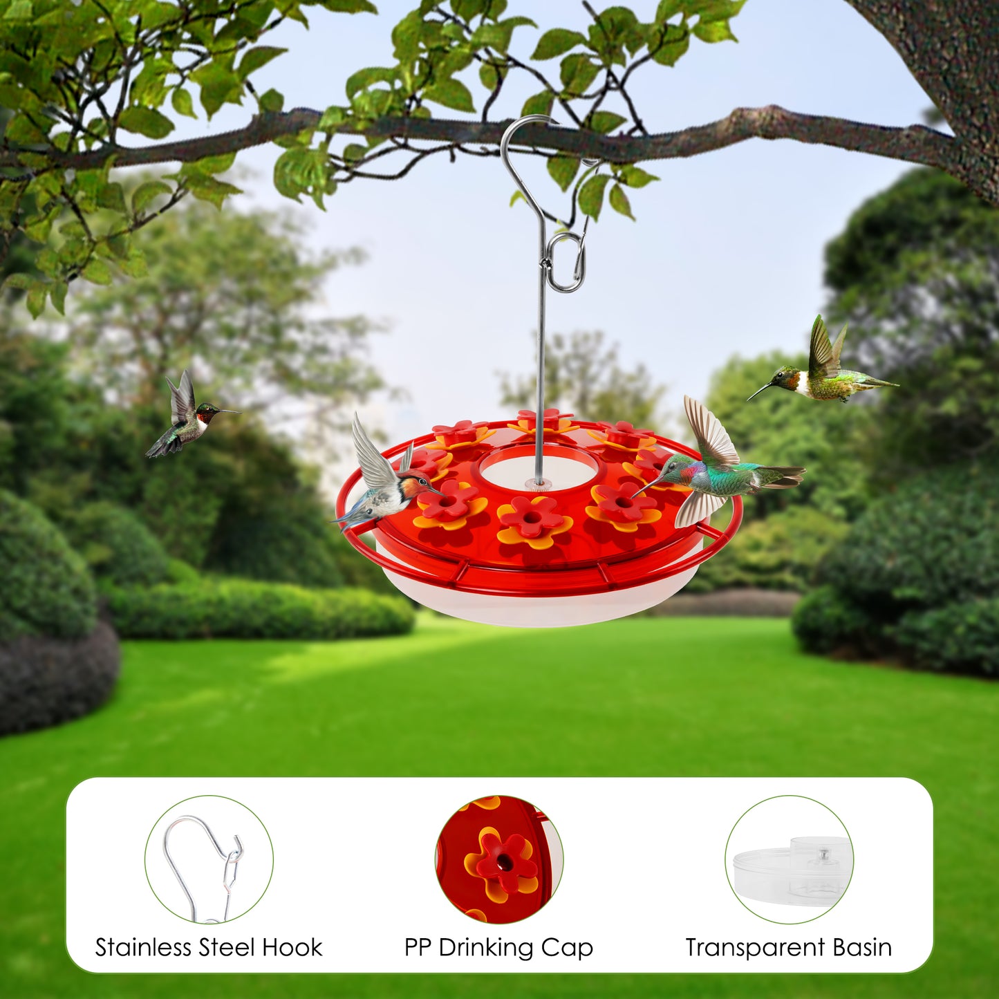 OTDLIGHT Hummingbird Feeders-Plastic Bird Feeder for Outdoors Hanging, 8 Feeding Ports &15 OZ Humming Birds Feeder,Built-in Water Flow to Prevent Ants and Bees for Garden Decor-Red