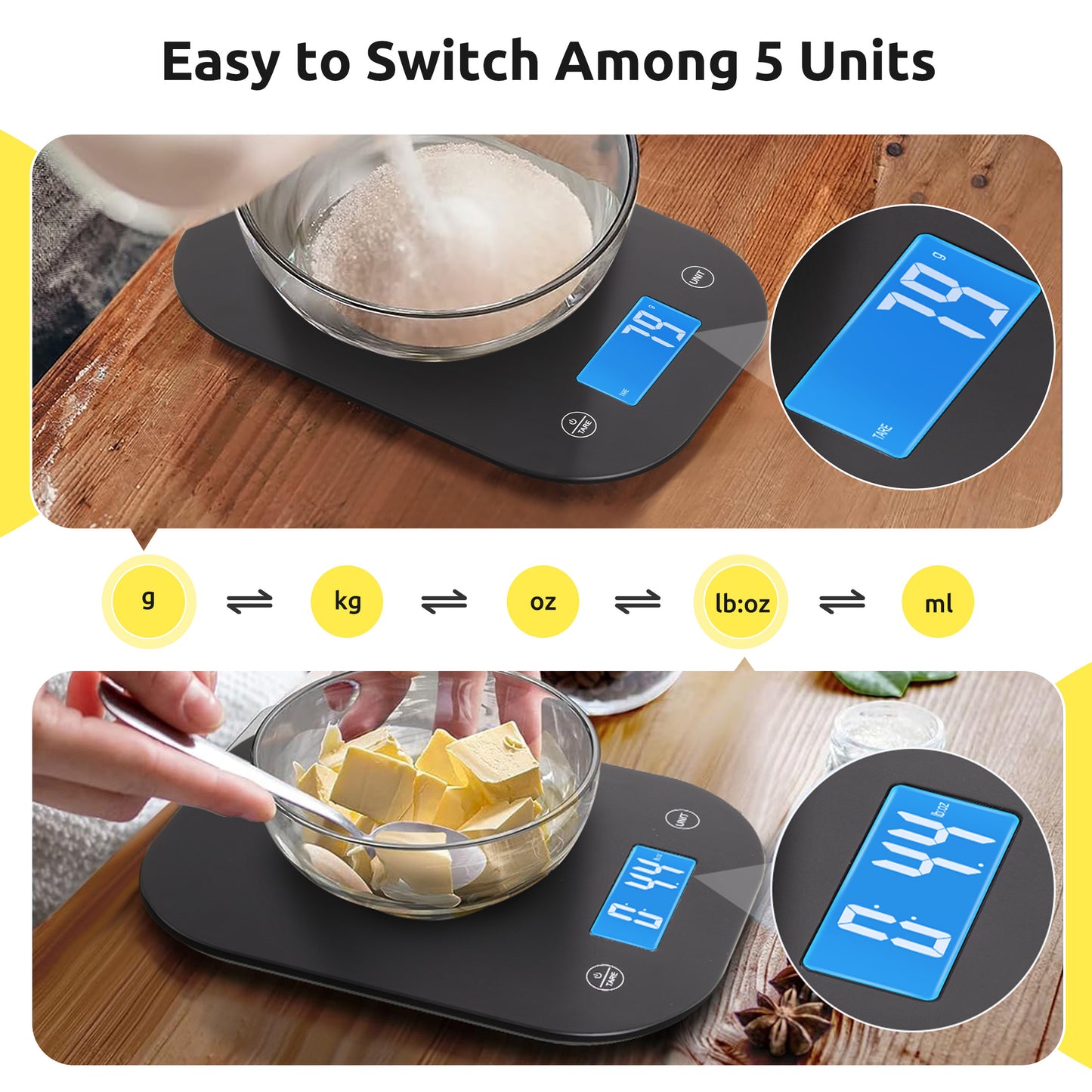 MOONORAH Digital Kitchen Scale, Food Grams Weight and Ounces Scales with Nutritional Timer, Smart App Coffee Scale for Weight Loss, Baking Cooking, Meal Prep, LCD Display, Black, 33LB/15KG