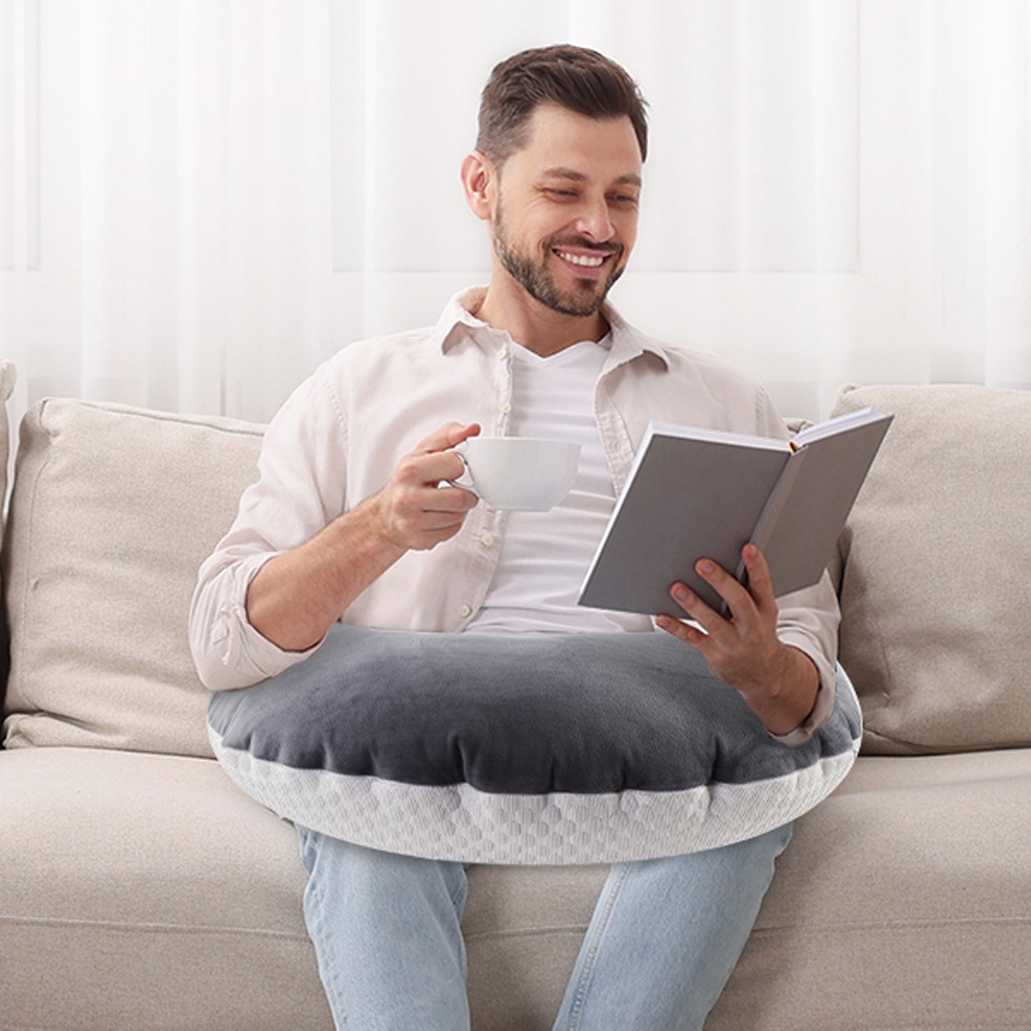 MOONORAH Reading Pillow for Gaming, Ergonomic U-Shaped Lap Pillow, Desk Pillow for Sitting in Bed or Sofa, Compact Arm Support Pillow for Playing, Working, Crocheting, Dark Gray Spelling White