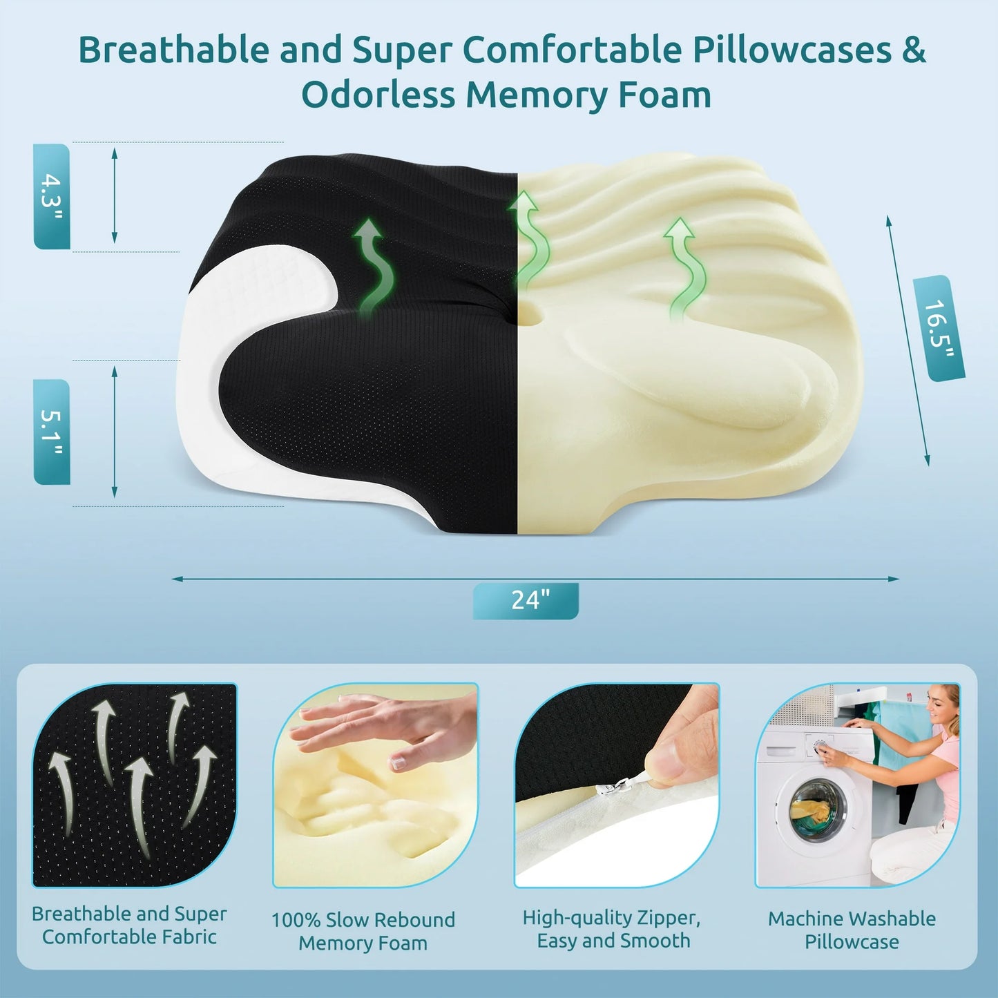 MOONORAH Cervical Memory Foam Pillow Neck Bed Pillow for Pain Relief Sleeping, Ergonomic Orthopedic for Side Back and Stomach Sleepers with Breathable Pillowcase, Queen Size 24" x 16.5" x 5.1" Black