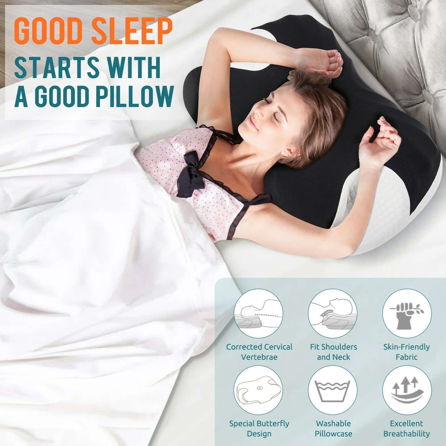 MOONORAH Cervical Memory Foam Pillow Neck Bed Pillow for Pain Relief Sleeping, Ergonomic Orthopedic for Side Back and Stomach Sleepers with Breathable Pillowcase, Queen Size 24" x 16.5" x 5.1" Black