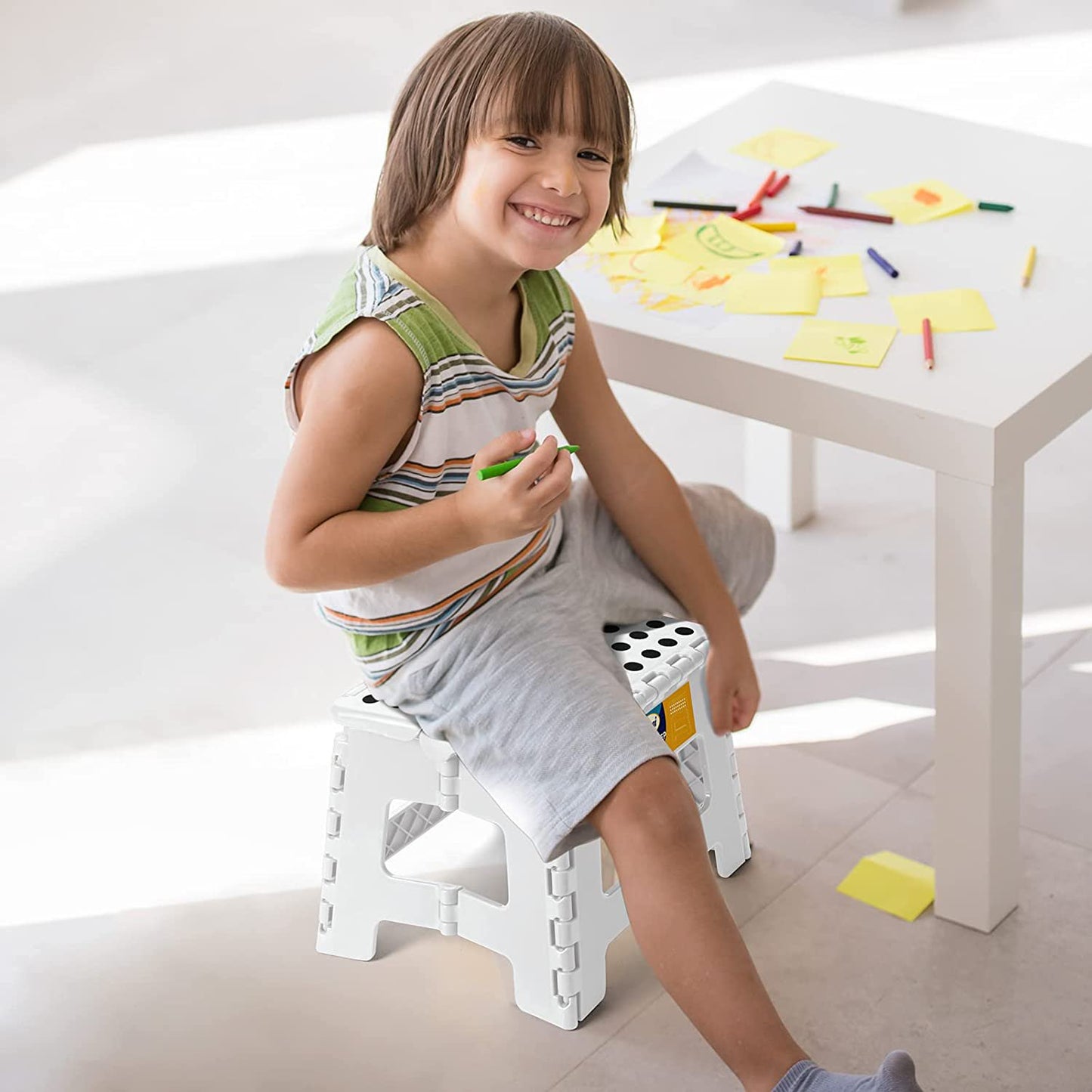 KAIPARA Folding Step Stool-9 Inch Plastic Foldable Step Stool with Portable Handle Compact,Holds Up to 331 lbs Non-Slip Polka dot Stools for Adults & Kids - White