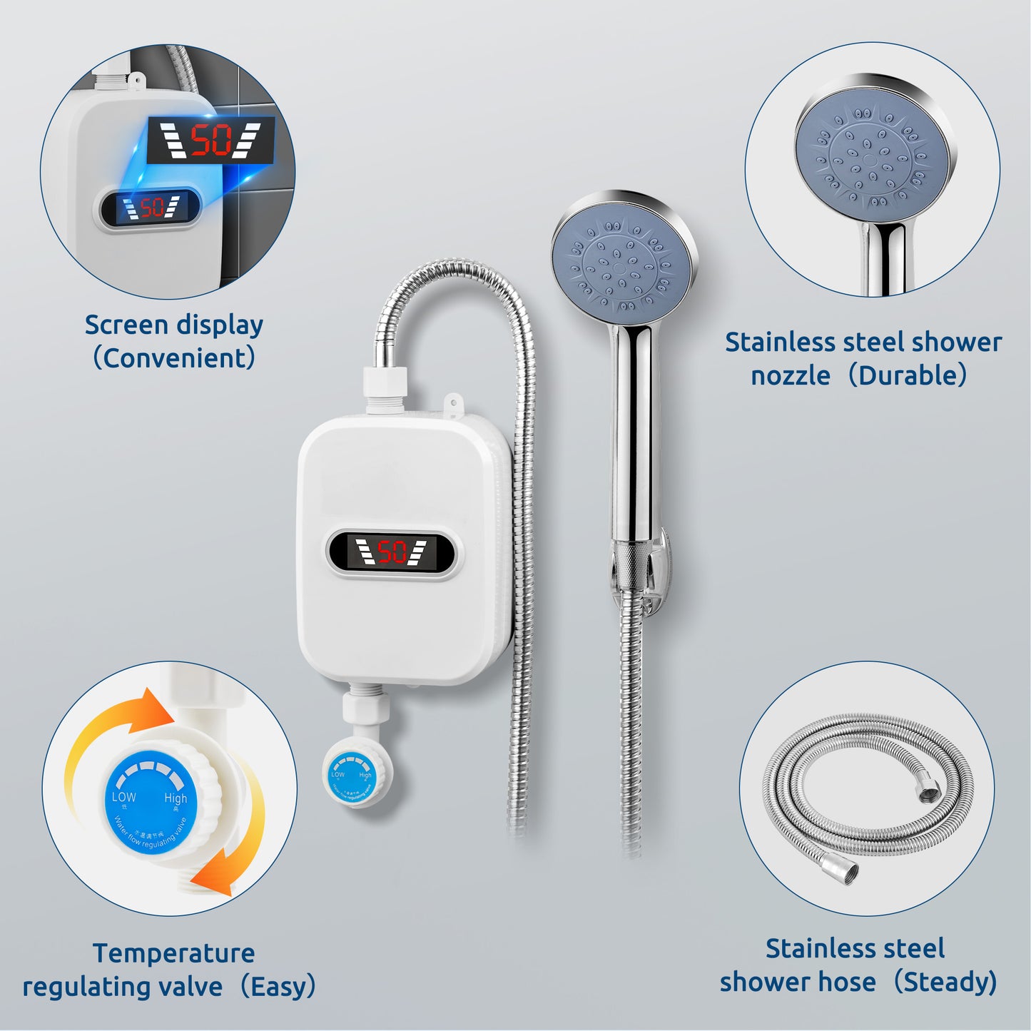 LOFTER-Pro Electric Tankless Water Heater Shower Head Set, 3500W Instant Hot Water Heater LCD Display for Home,White