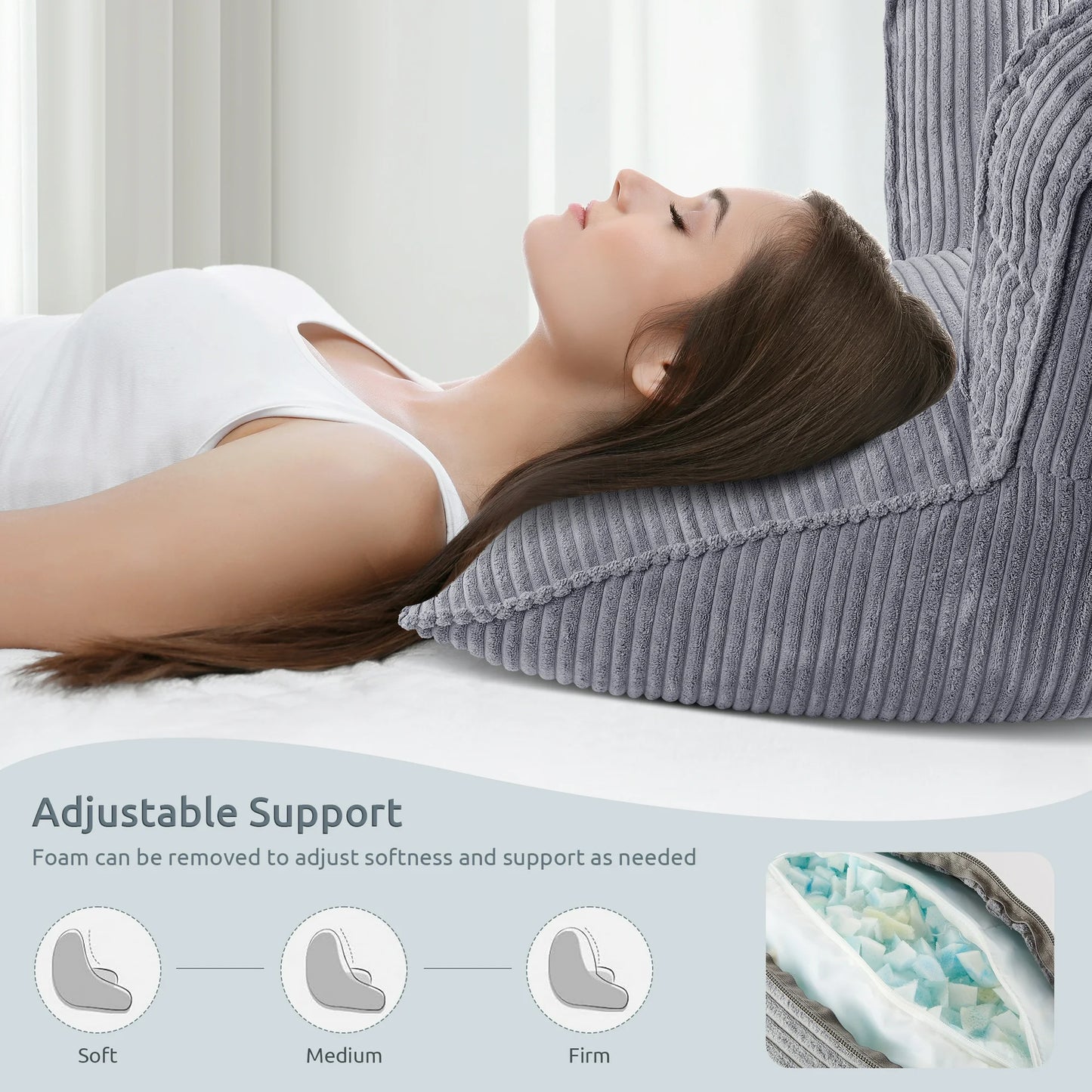 MOONORAH Backrest Reading Pillow with Arms Back Support for Sitting Up in Bed, Back Pillow with Shredded Memory Foam for Adult - Gray