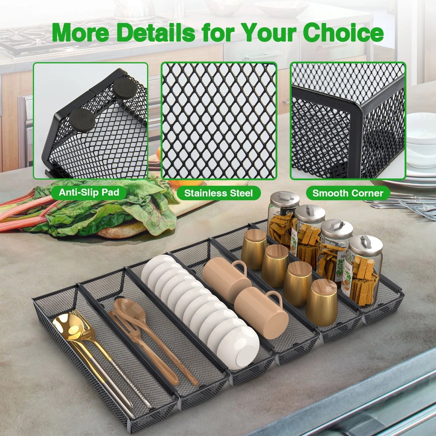 ZALFLEX Silverware Drawer Organizer for Kitchen, Utensil Mesh Drawer Organizer with Interlocking Arm for Flatware, Knives, Pen, Cosmetic, 6PC