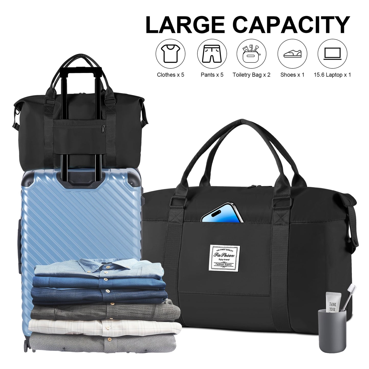 WANALIT Waterproof Duffel Bag for Gym and Travel, Weekender Carry On with Wet Dry Compartment, Luggage Sleeve, Airplane Approved (Black)