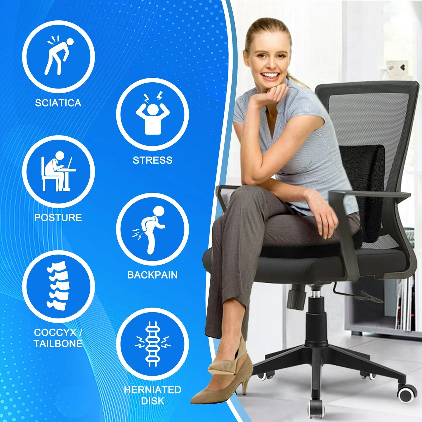 DONAMA Memory Foam Chair Seat & Lumbar Cushion for Tailbone, Hip Pain Relief - Ideal for Office, Car, Wheelchair