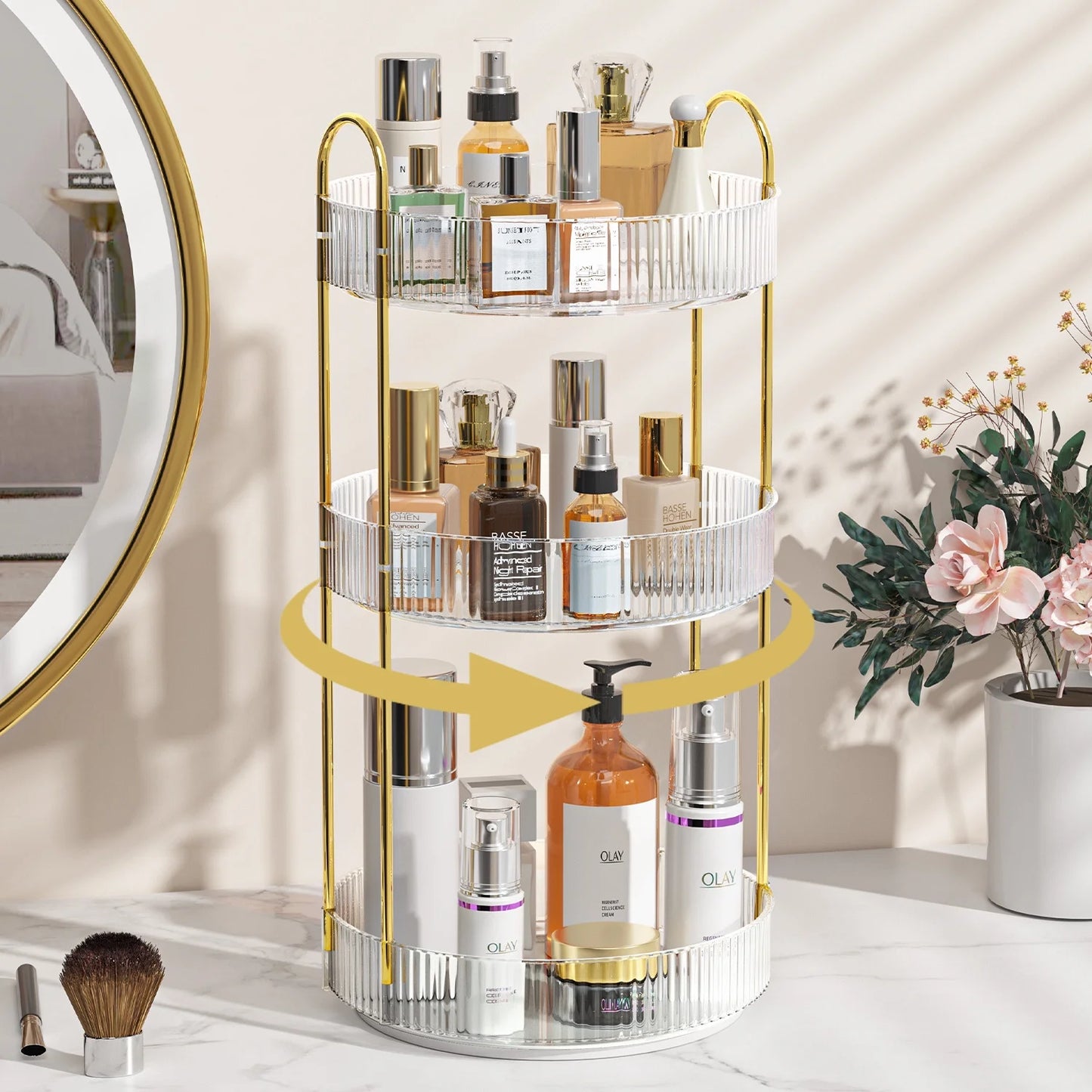 360° Rotating Makeup Organizer, Bathroom Makeup Holder, 3 Tiers Large Capacity Storage Shelf, Clear