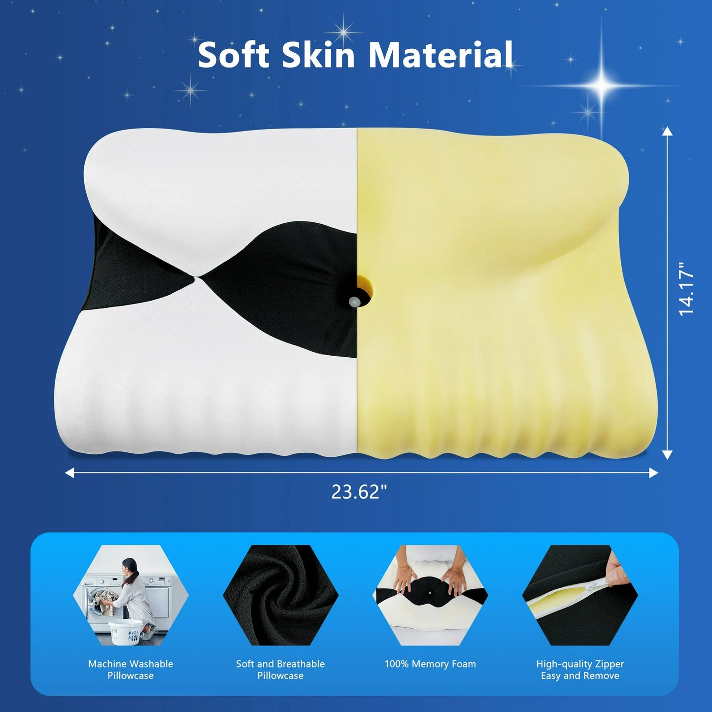 DONAMA Cervical Neck Pillow for Pain Relief Sleeping,Memory Foam Pillow with Breathable Pillowcase,Orthopedic Ergonomic Contoured Support for Side,Back and Stomach,Queen Size 23.62"×14.17"×4.72" Black