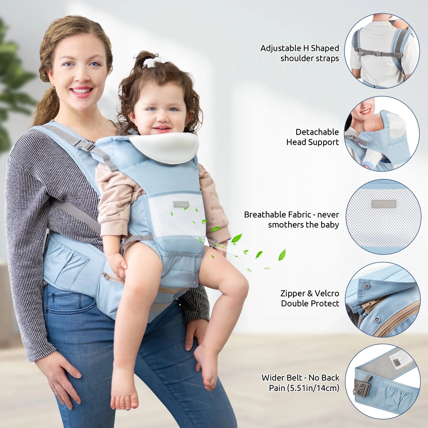 MOONORAH Baby Carrier with Hip Seat, Ergonomic M Position 6 in 1 Baby Wraps Carrier Adjustable Holder Newborn to Toddler with Head Support and Breathable Mesh Blue