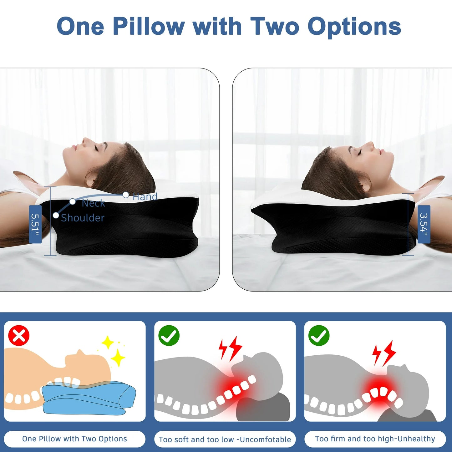 DONAMA Orthopedic Pillow for Neck Pain Relief,Cervical Travel Pillow,Contour Memory Foam Pillow,Ergonomic Pillows for Side Back&Stomach Sleepers with Breathable Pillowcase,Standard,Black