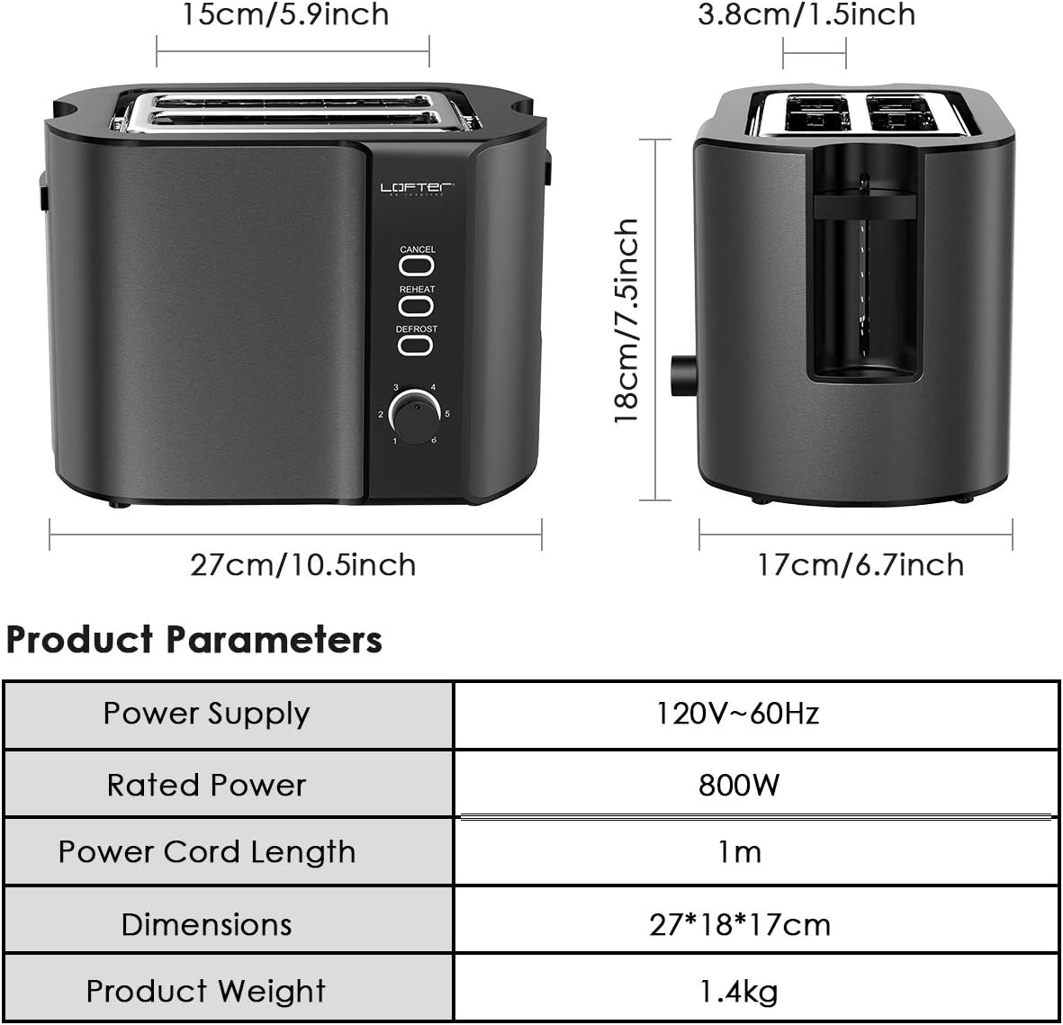 LOFTER 2 Slice Toaster, Stainless Steel Bread Toasters with Warming Rack Best Rated Prime, 800W