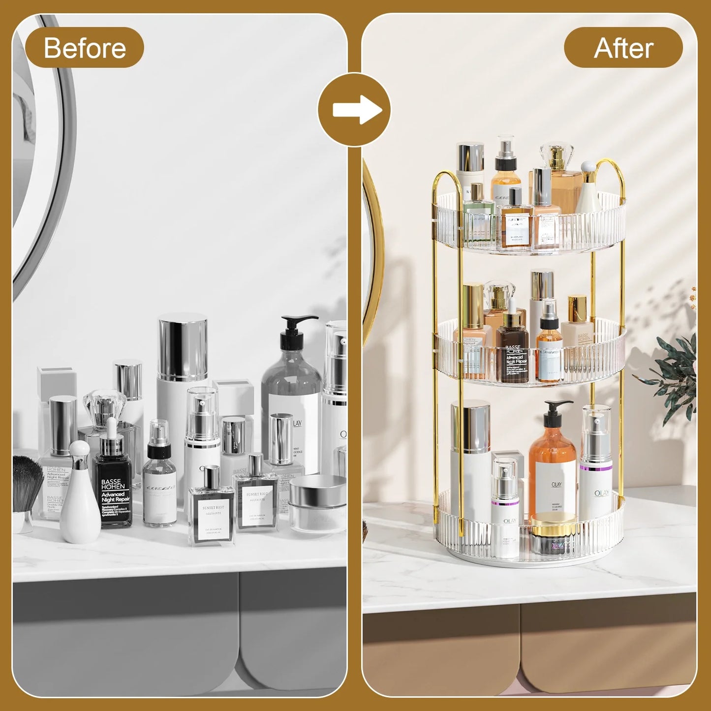360° Rotating Makeup Organizer, Bathroom Makeup Holder, 3 Tiers Large Capacity Storage Shelf, Clear
