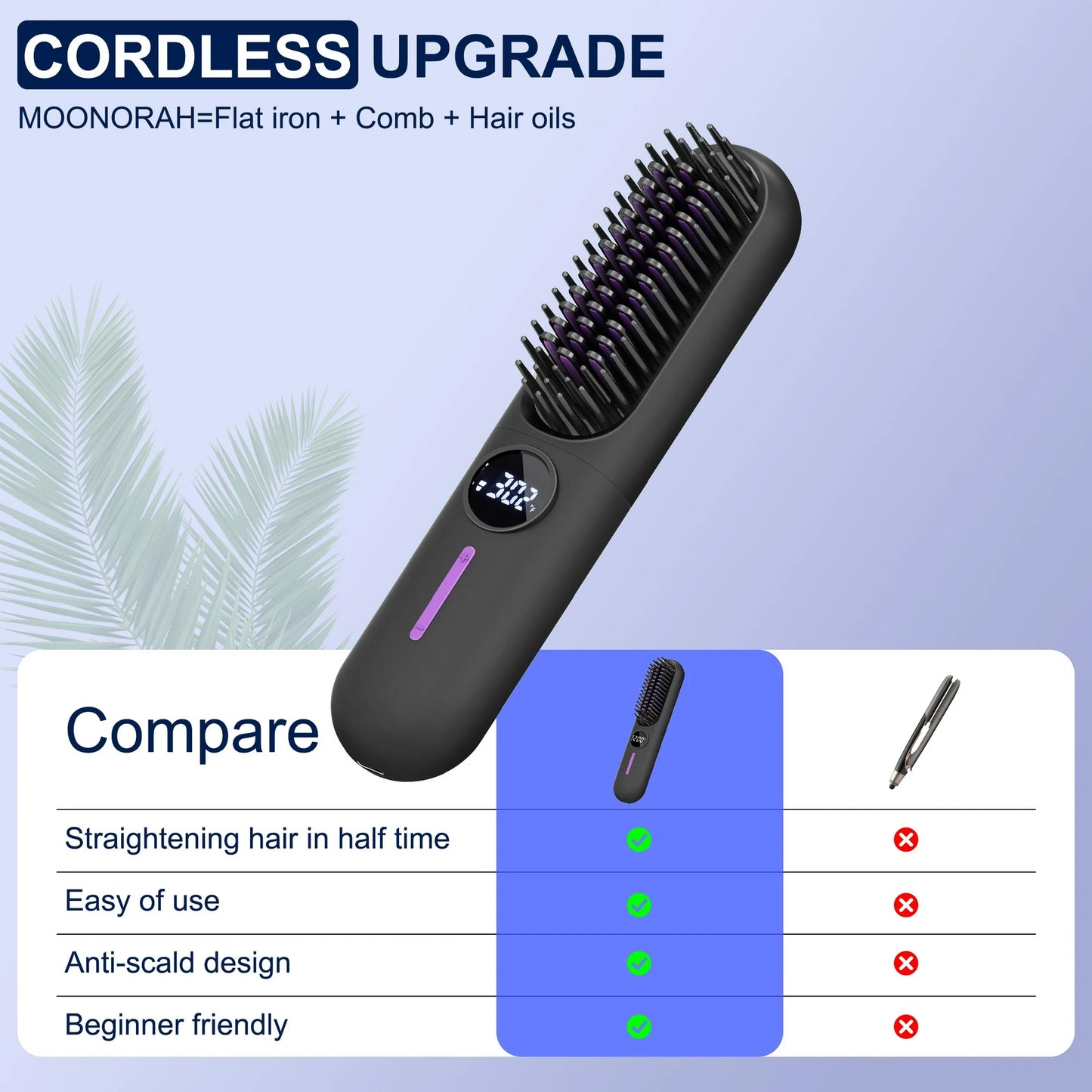 MOONORAH Cordless Hair Straightener Brush with Anion for Women, Electric Portable Ceramic Hot Straightening Comb for Travel with LCD Display & Hair Clips, Fast USB Rechargeable, Anti-Scald, Black