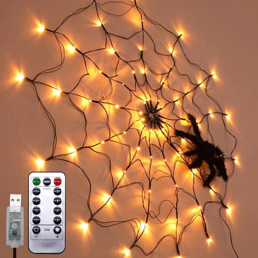 70 LED Halloween Spider Web Lights 8 Modes Light Up Spider Web Halloween Decorations for Home Indoor Outdoor Garden Patio