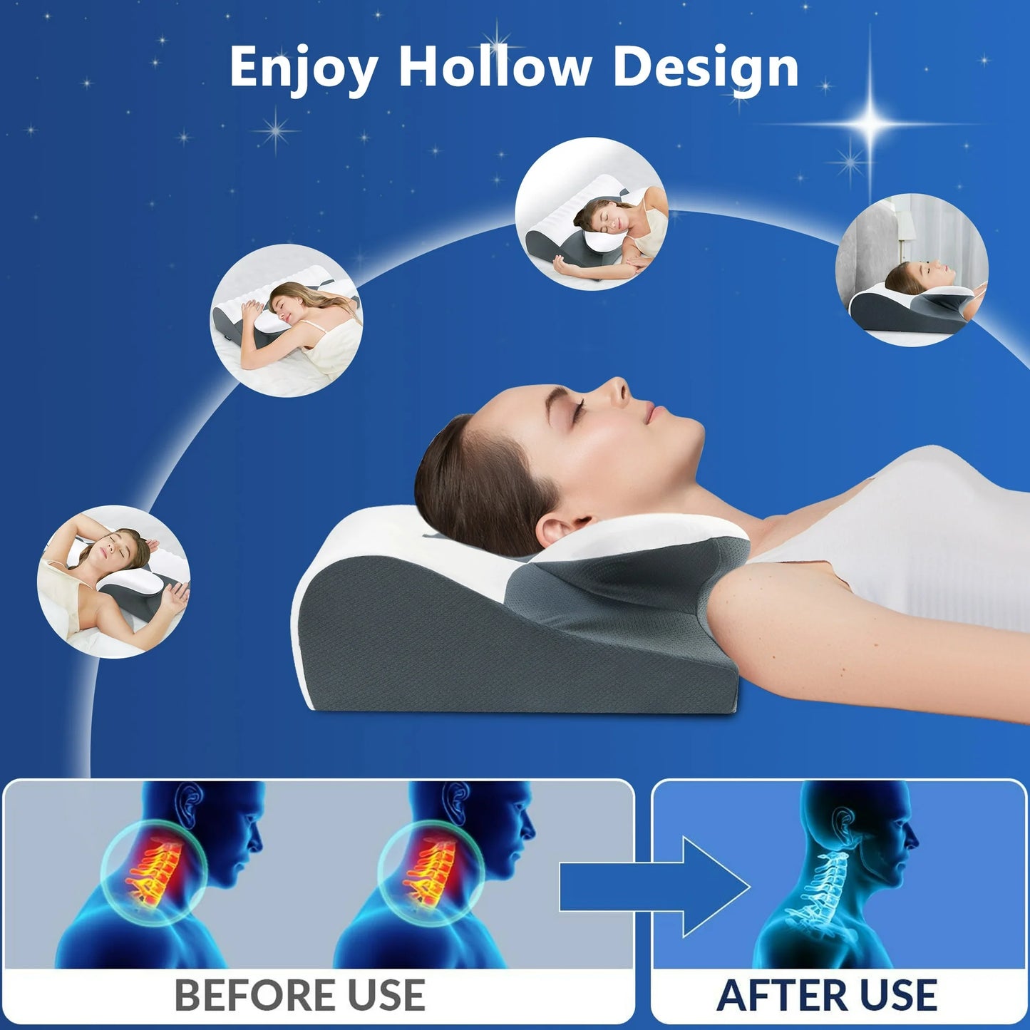 DONAMA Cervical Neck Pillow for Pain Relief Sleeping,Memory Foam Pillow with Breathable Pillowcase,Orthopedic Ergonomic Contoured Support for Side,Back and Stomach,Queen Size 23.62"×14.17"×4.72" Gray