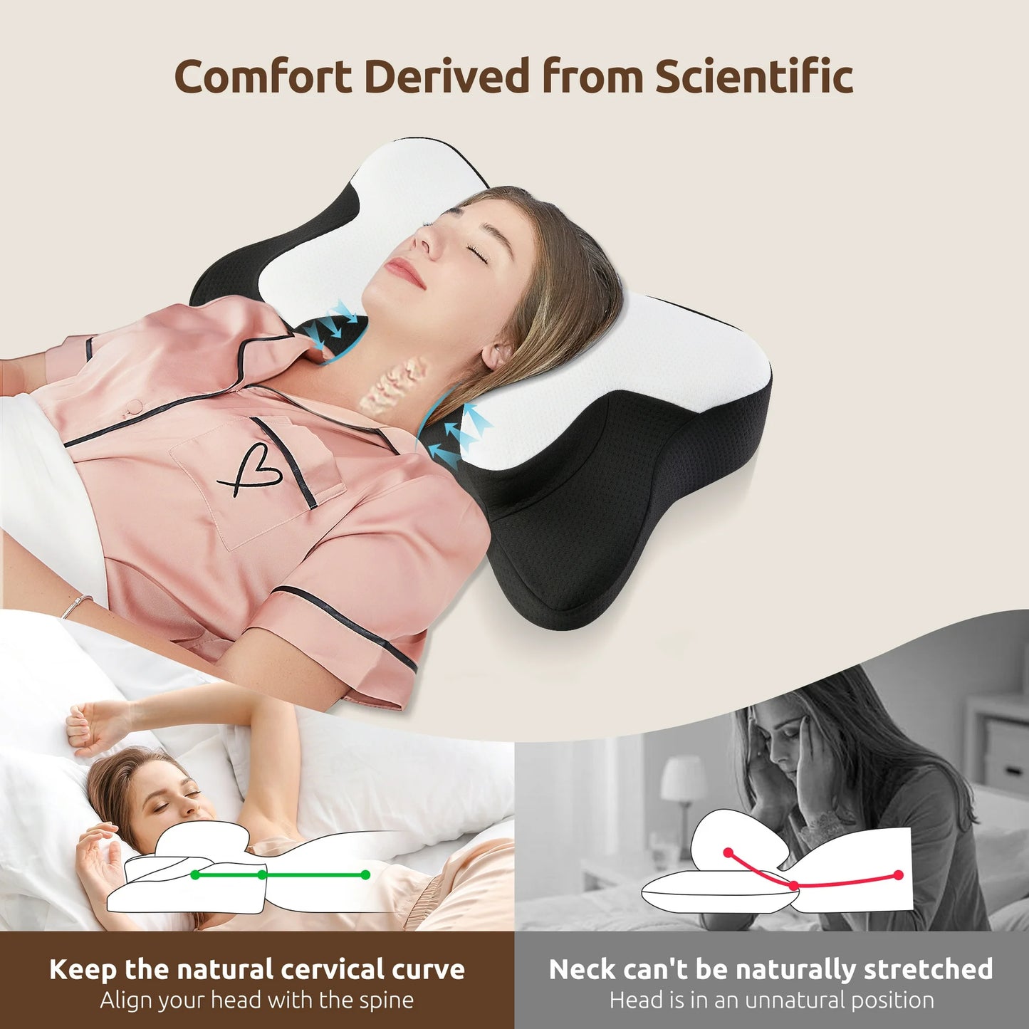 MOONORAH Cervical Pillow for Sleeping Neck Pain Relief with Pillowcase Standard/Queen Blue+Black