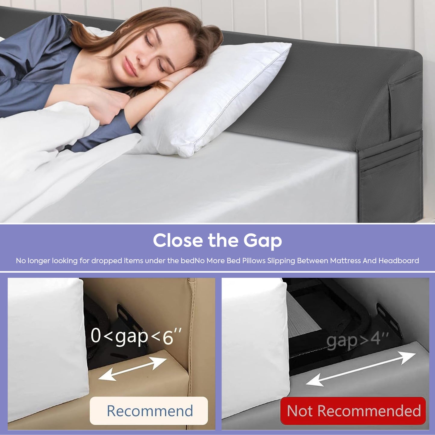 MOONORAH Queen Wedge Pillow Headboard/Bed Wedge Pillow for Headboard/Bed Gap Filler/Headboard Pillow,Pillow Wedge for Headboard Gap(0-6"),Stop Loosing Your Pillows,Phone(Gray 60"x10"x6")