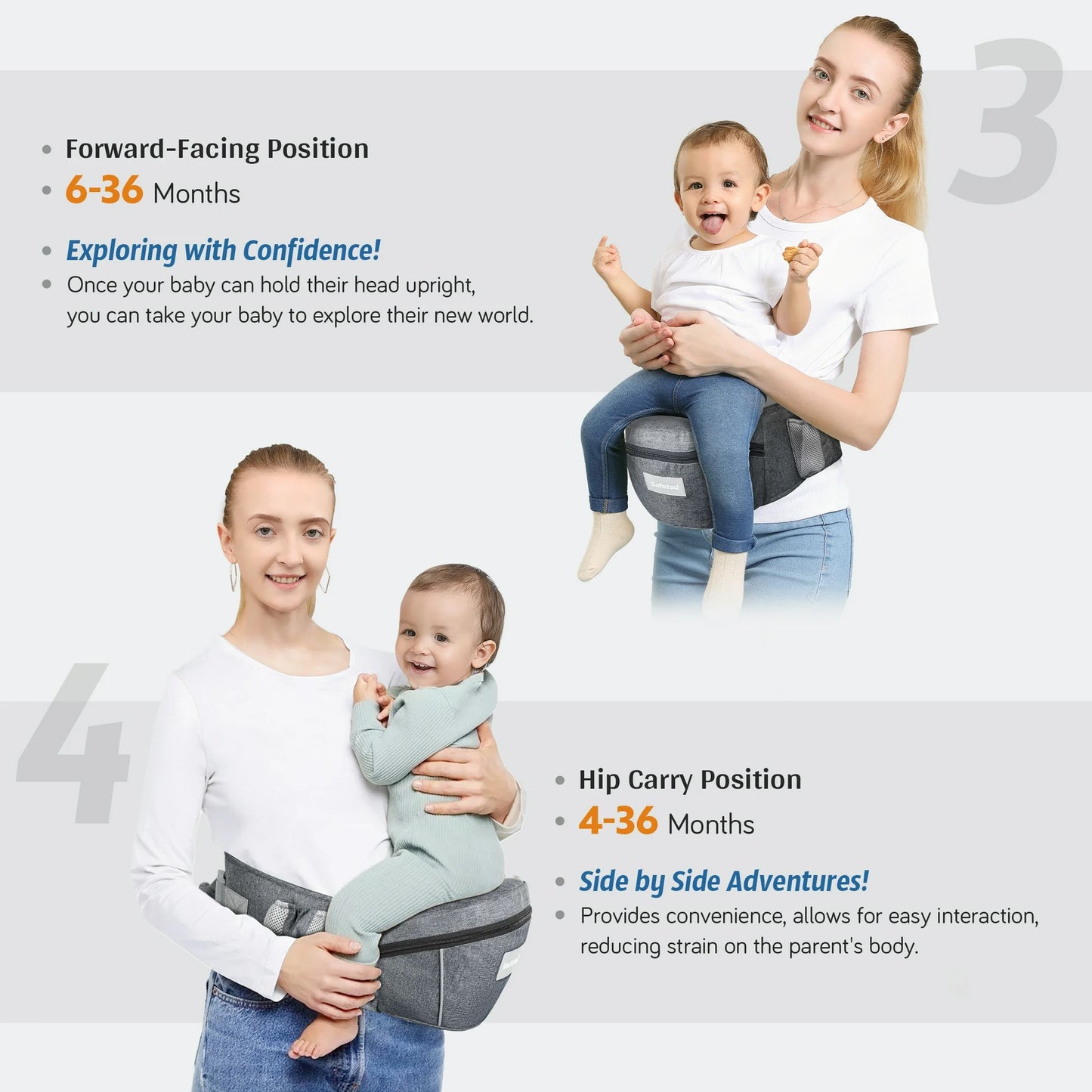 OTDLIGHT Baby Carrier with Hip Seat for Newborns & Toddlers, Ergonomic Front Carrier Baby Holder with Strong Support Adjustable Waistband & Multiple Large Pockets - Gray
