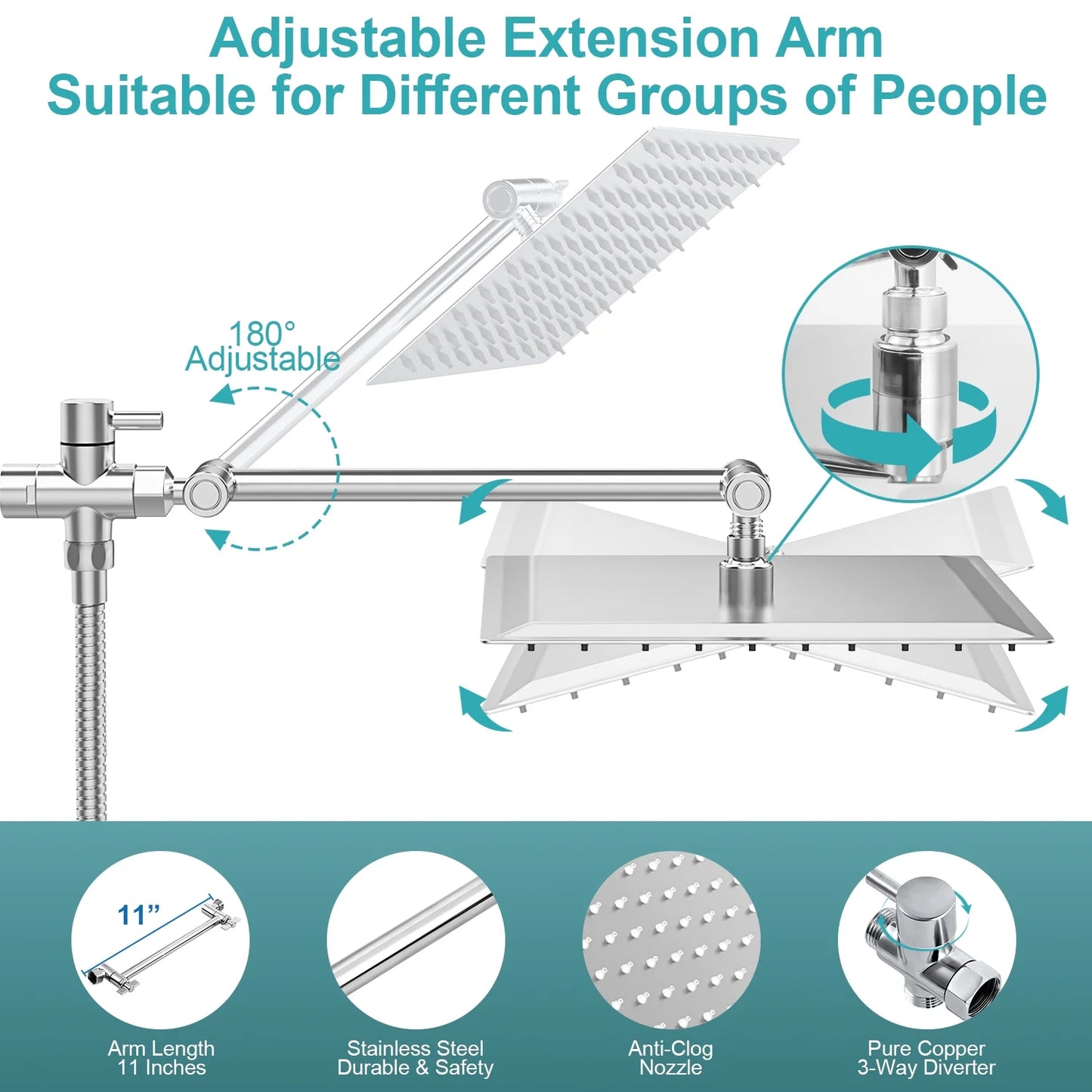 MOONORAH 10 Inch High Pressure Rain Shower Head Combo with Adjustable Extension Arm, Wide Rainfall & 5 Spray Handheld Showerhead, Dual Anti-Clog Nozzles for Ultimate Shower Experience, Silver