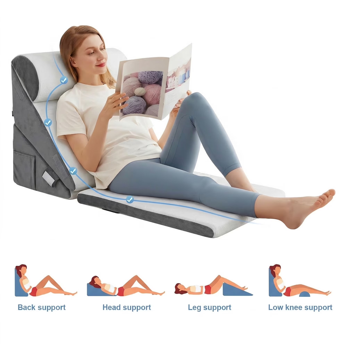 MOONORAH Bed Wedge Pillow with Head Pillow - Adjustable Highly Sponge Post-Surgery Pillow for Back, Leg & Knee Pain, Acid Reflux & Snoring Relief -Orthopedic Support for Sleeping, Flannel,Gray &White