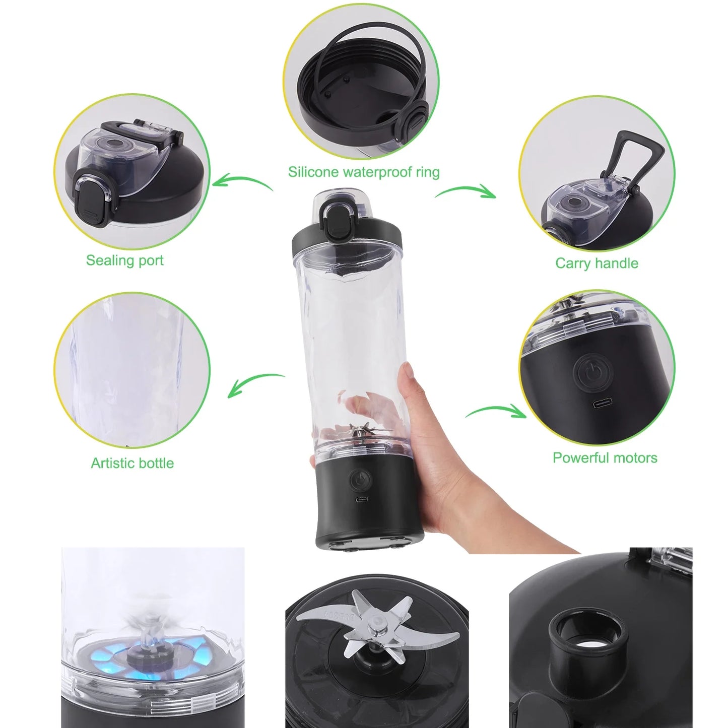 MOONORAH Portable Blender for Shakes and Smoothies, Personal Blender for Shakes with 21 Oz Travel Cup, Mini Personal Size Blender with 10 Blades and USB Rechargeable for Gym, Home and Outdoors, Black