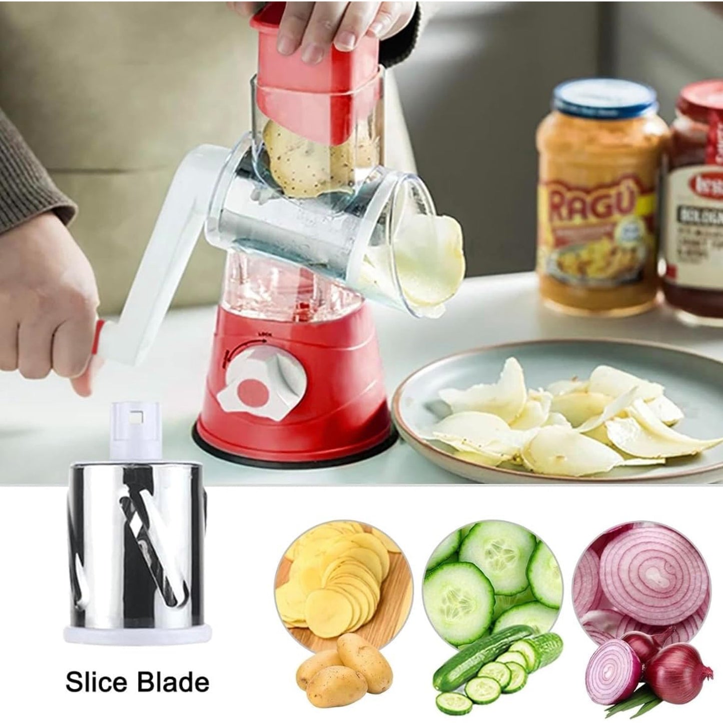 MOONORAH Rotary Cheese Grater with Handle Crank, Vegetable Shredder with Strong Suction Base and 3 Interchangeable Blades, Round Mandoline Slicer for Kitchen, Easy to Use and Clean, Red