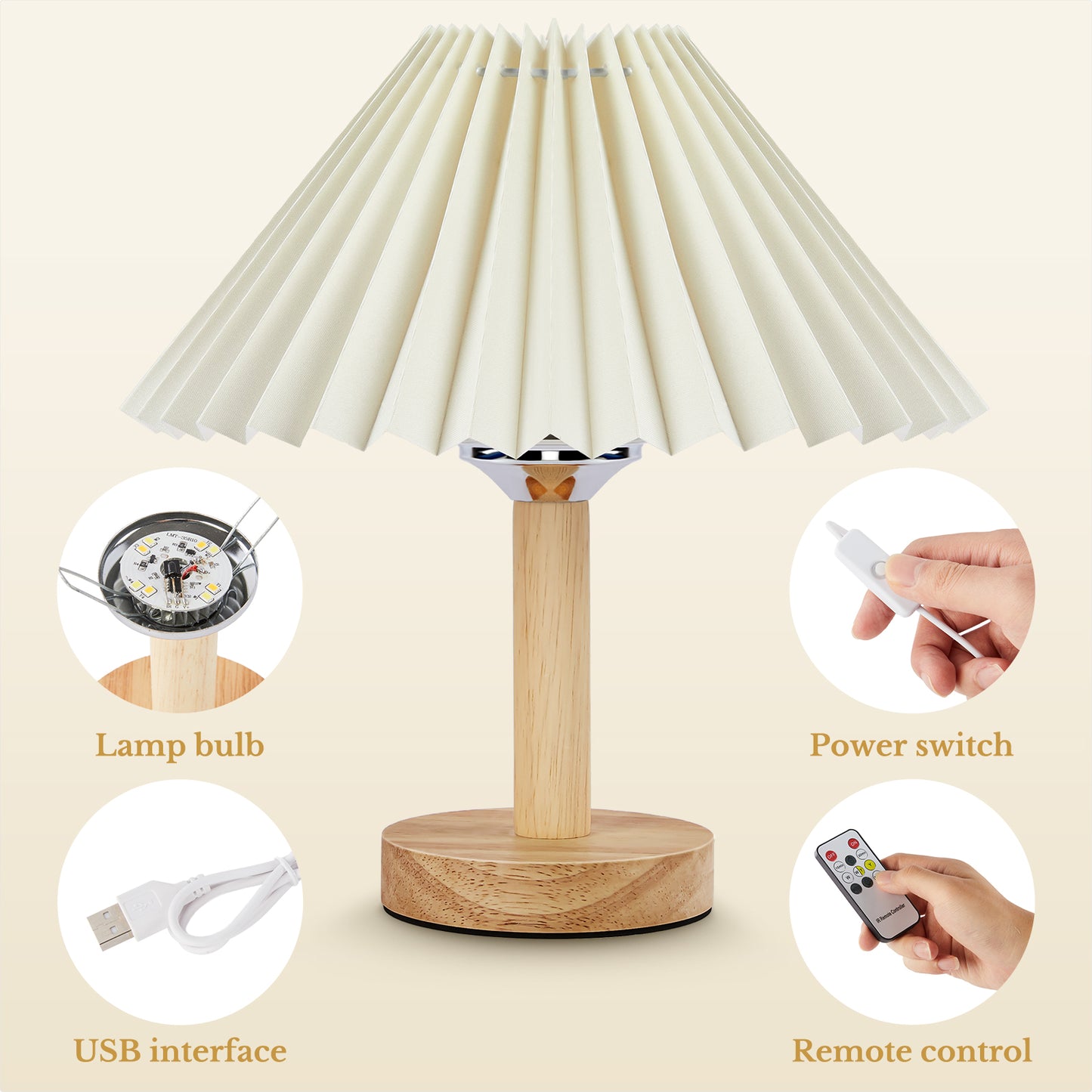 LOFTER-PRO Small Table Lamp for Bedroom, Bedside Lamps for Nightstand, USB Mini Night Stand Light Lamp with Pleated Fabric Shade, Desk Reading Lamp for Room, Living Room, Office, Dorm
