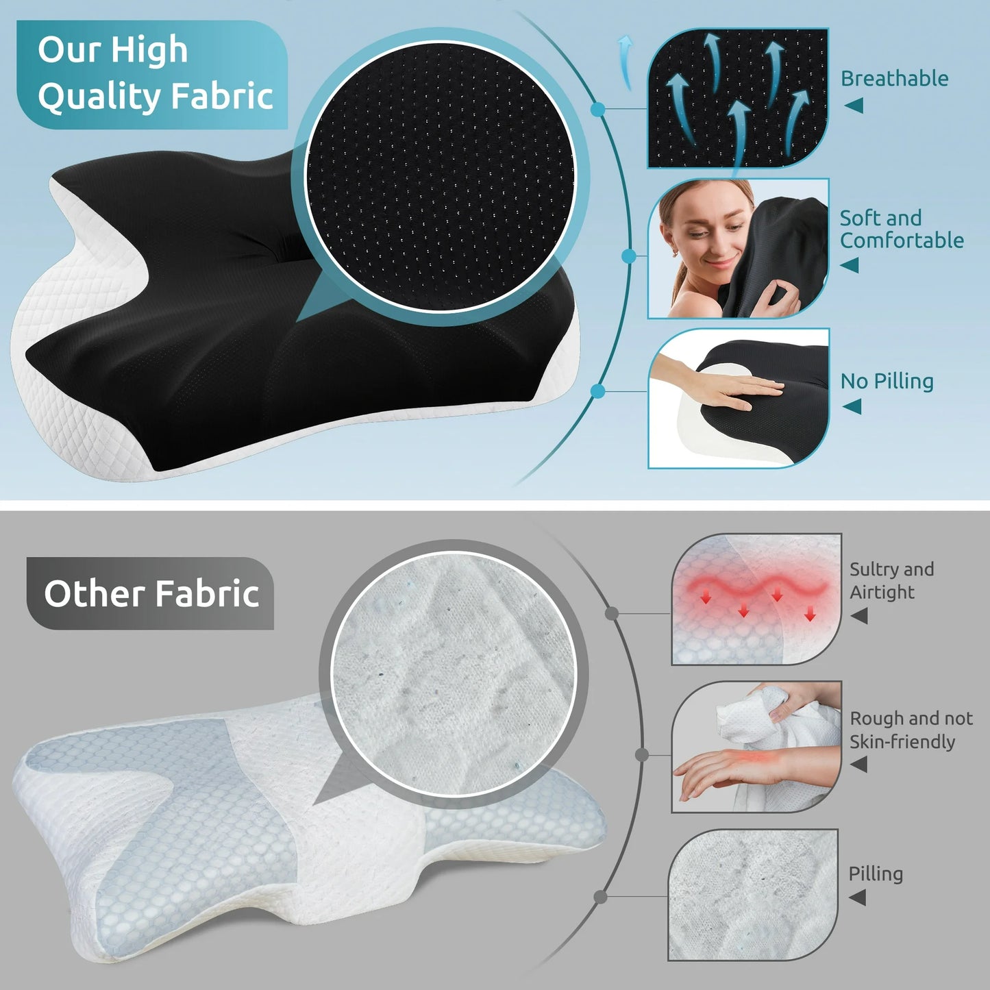 MOONORAH Cervical Memory Foam Pillow Neck Bed Pillow for Pain Relief Sleeping, Ergonomic Orthopedic for Side Back and Stomach Sleepers with Breathable Pillowcase, Queen Size 24" x 16.5" x 5.1" Black