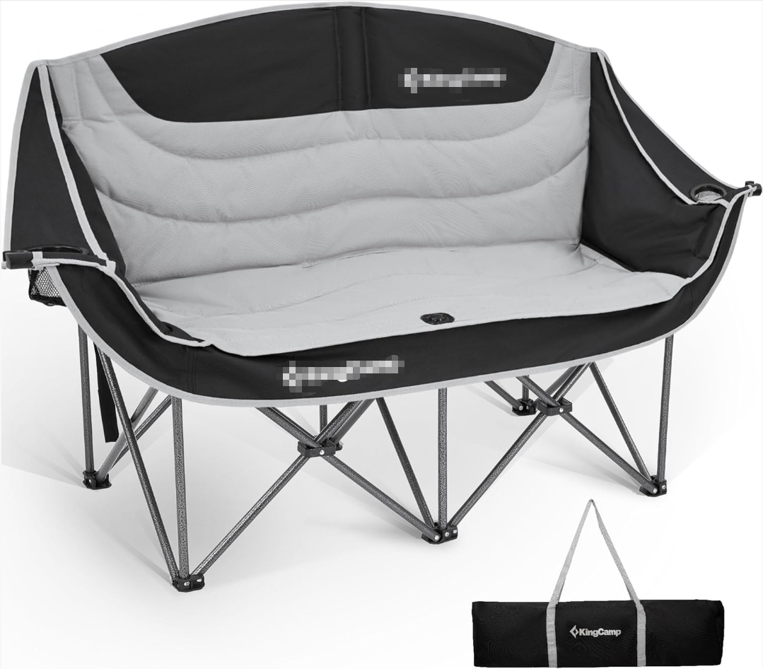 MOONORAH Double Camping Chair, Oversized 660lbs Heavy Duty Loveseat for Adults Portable Folding 2 Person Couch Padded Comfortable Two Seat with Cup Holder for Outdoor Lawn Backyard, Black/Grey