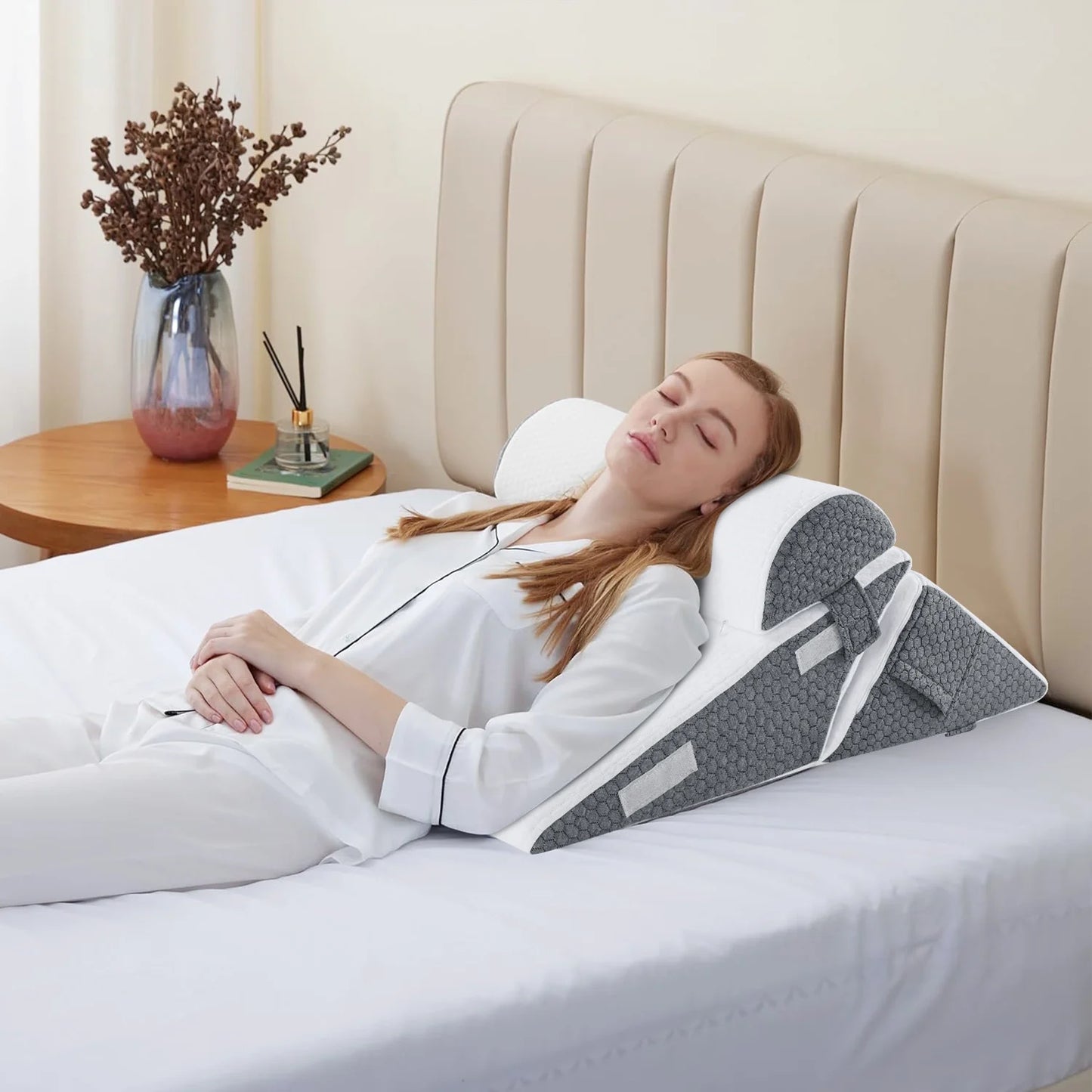 MOONORAH Wedge Pillow for Sleep Apnea, Adjustable Wedge Pillow Headboard, Bed Wedge Pillow for Acid Reflux and Back Pain Relief, Pillow Wedge for Sleeping with Neck Support Pillow, White & Grey