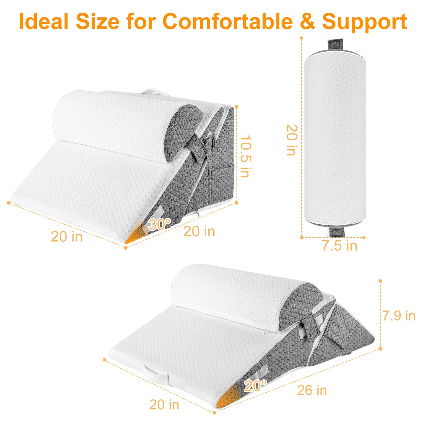 Kaibinsi Wedge Pillow for Sleep Apnea, Adjustable Wedge Pillow Headboard, Bed Wedge Pillow for Acid Reflux and Back Pain Relief, Pillow Wedge for Sleeping with Neck Support Pillow, White & Grey