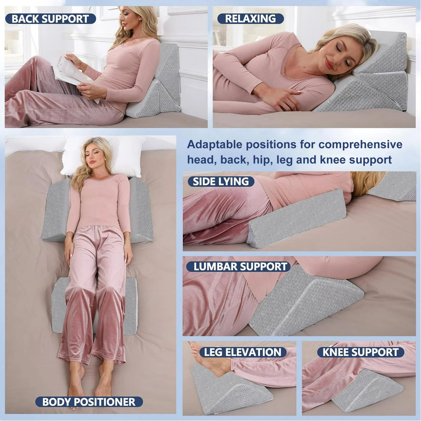 MOONORAH Wedge Pillow Set for Sleeping Post Surgery & Apnea,3 in 1 Memory Foam Reading Pillow, Orthopedic Bed Wedge Pillows Headboard for Acid Reflux, Leg Pain & Back Pain Relief - Gray