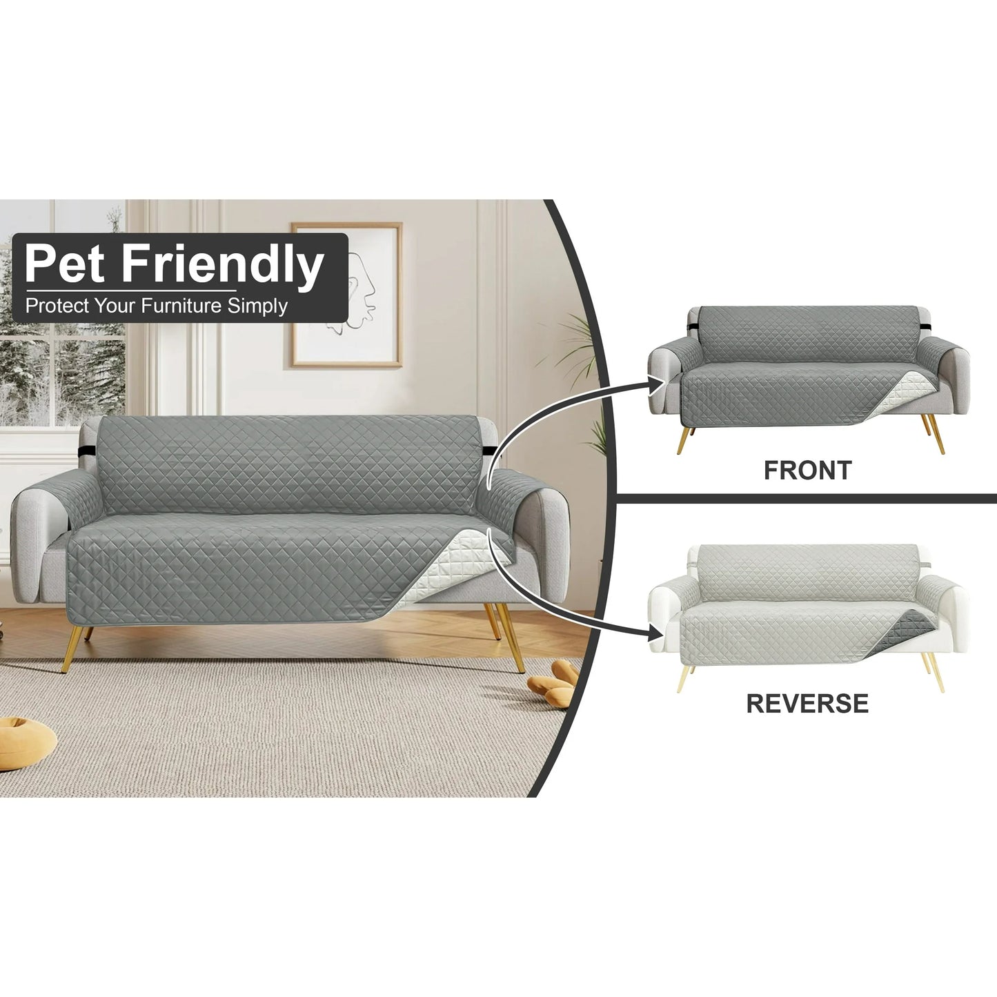 MOONORAH Reversible Couch Cover, 100% Water Resistant Slipcover Furniture Protector, Machine Washable Couch Cover for Kids, Dogs, Pets, 3 Cushion Sofa Size 66''x75", Grey