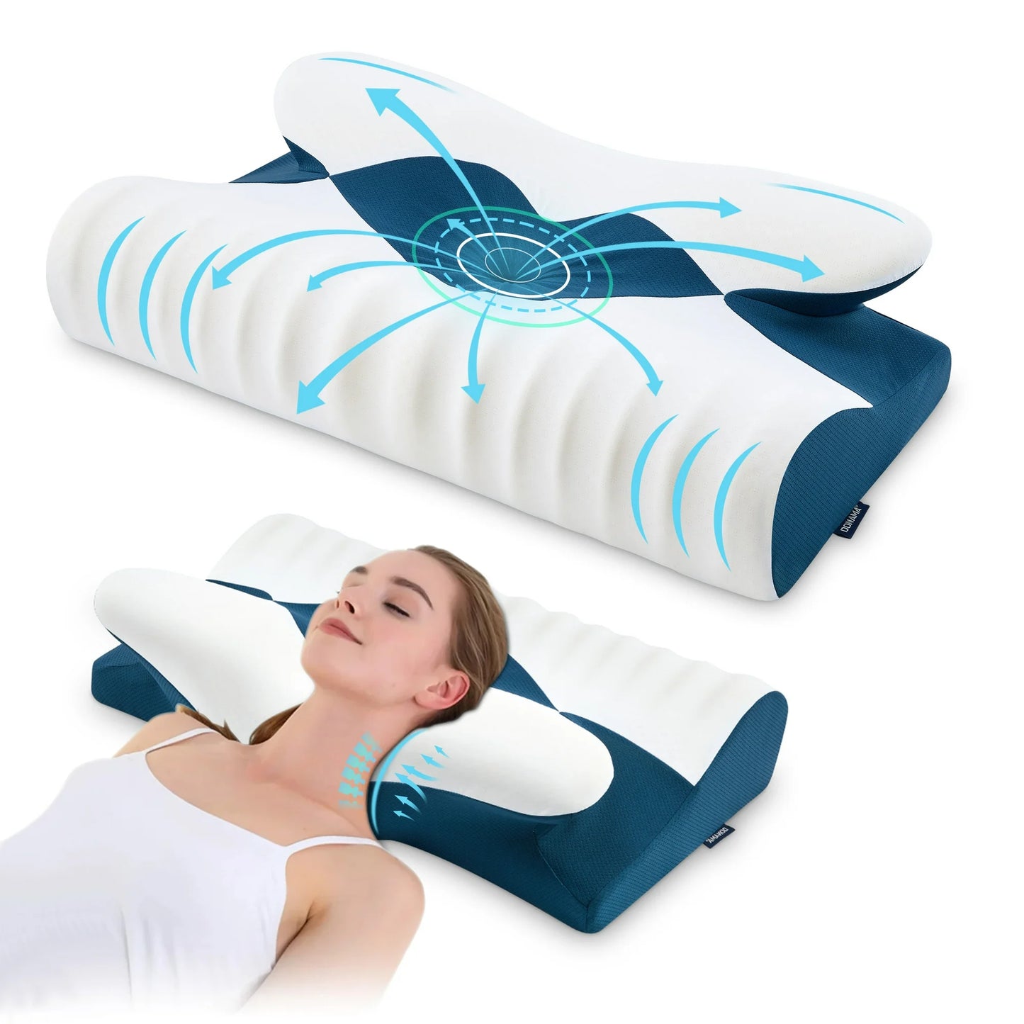 DONAMA Cervical Neck Pillow for Pain Relief Sleeping,Memory Foam Pillow with Breathable Pillowcase,Orthopedic Ergonomic Contoured Support for Side,Back and Stomach,Queen Size 23.62"×14.17"×4.72" Blue