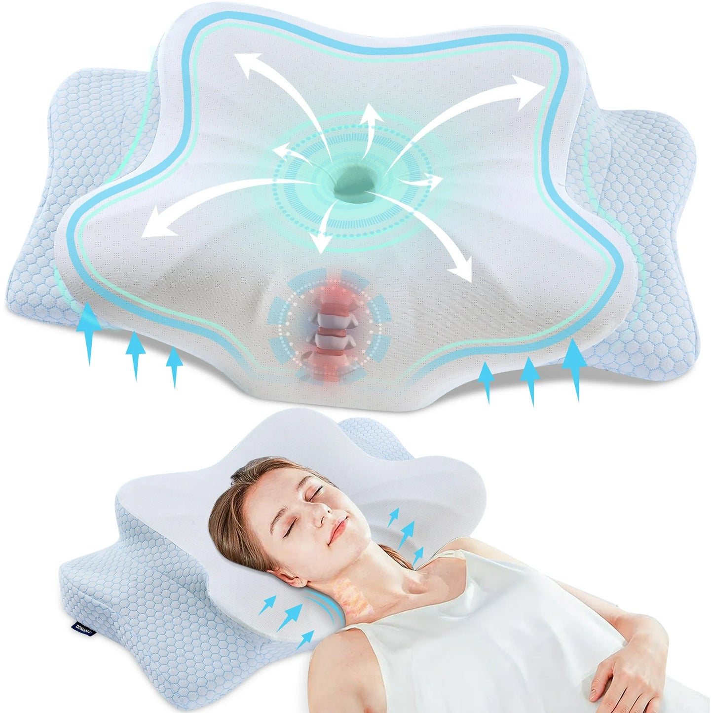 DONAMA Orthopedic Pillow for Neck Pain Relief,Cervical Travel Pillow,Contour Memory Foam Pillow,Ergonomic Pillows for Side Back&Stomach Sleepers with Breathable Pillowcase,Standard,Blue