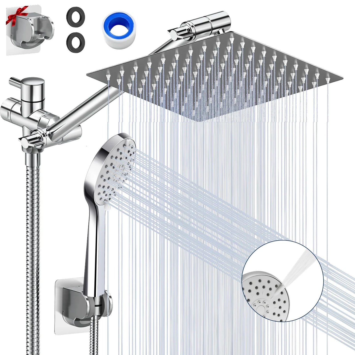 MOONORAH 10 Inch High Pressure Rain Shower Head Combo with Adjustable Extension Arm, Wide Rainfall & 5 Spray Handheld Showerhead, Dual Anti-Clog Nozzles for Ultimate Shower Experience, Silver