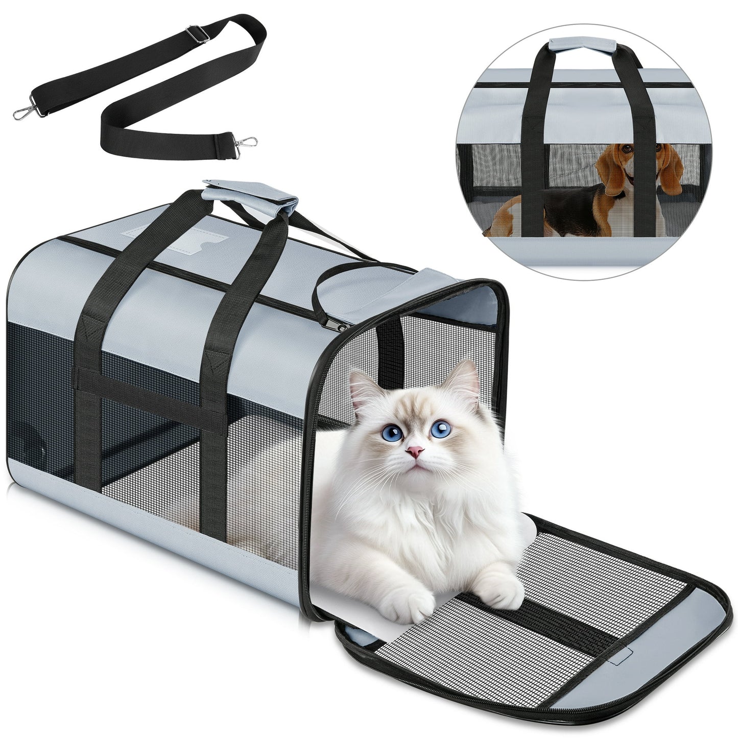 MOONORAH Cat Carrier, Pet Travel Carrier Airline Approved Soft Bag for Cats Dogs Small Pets, Collapsible Portable Soft Sided Pet Carrier for Small Pets up to 30 Lbs, 18.9x 11.8x11.8inch, Grey