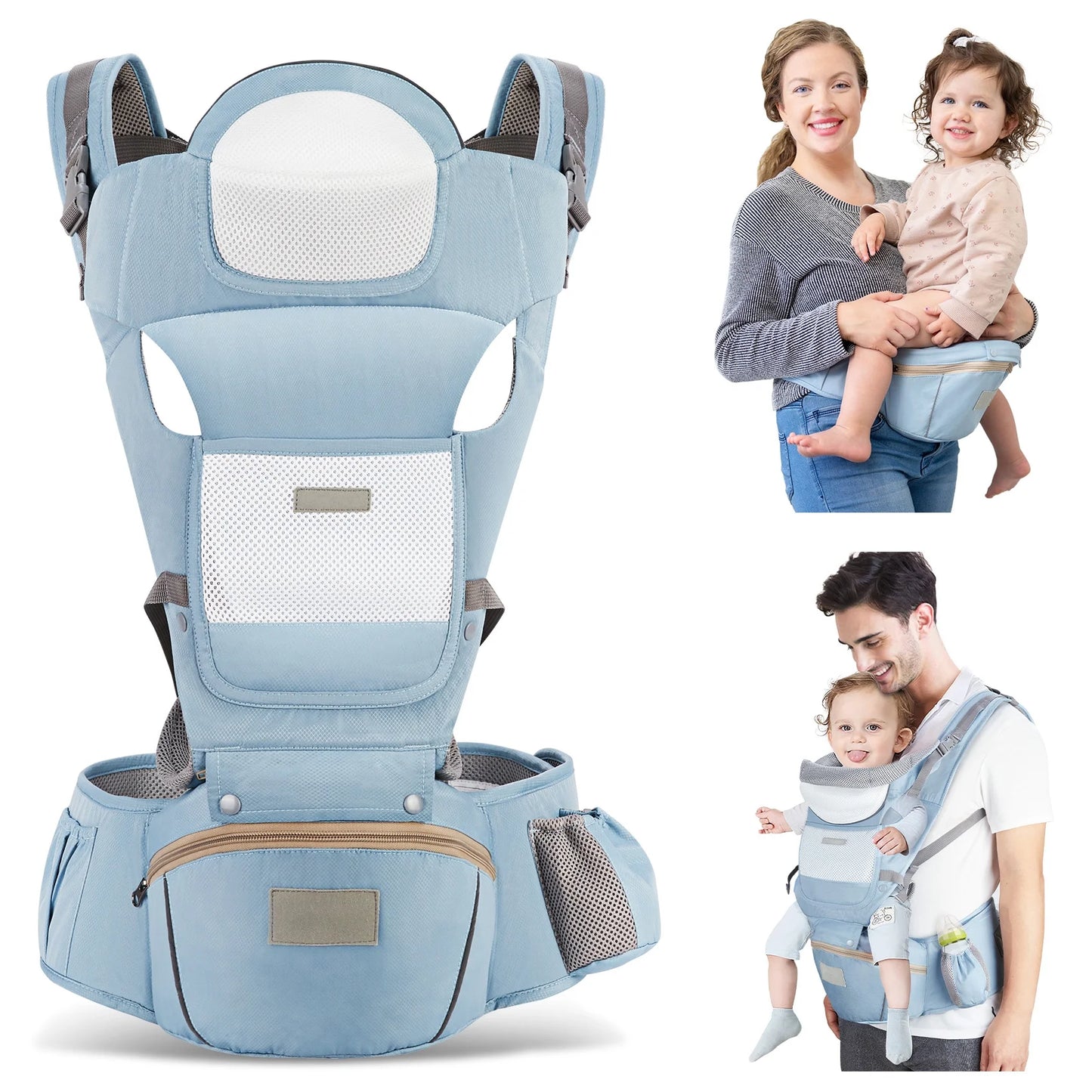 MOONORAH Baby Carrier with Hip Seat, Ergonomic M Position 6 in 1 Baby Wraps Carrier Adjustable Holder Newborn to Toddler with Head Support and Breathable Mesh Blue