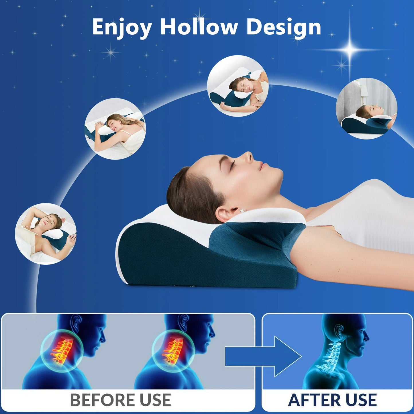 DONAMA Cervical Neck Pillow for Pain Relief Sleeping,Memory Foam Pillow with Breathable Pillowcase,Orthopedic Ergonomic Contoured Support for Side,Back and Stomach,Queen Size 23.62"×14.17"×4.72" Blue