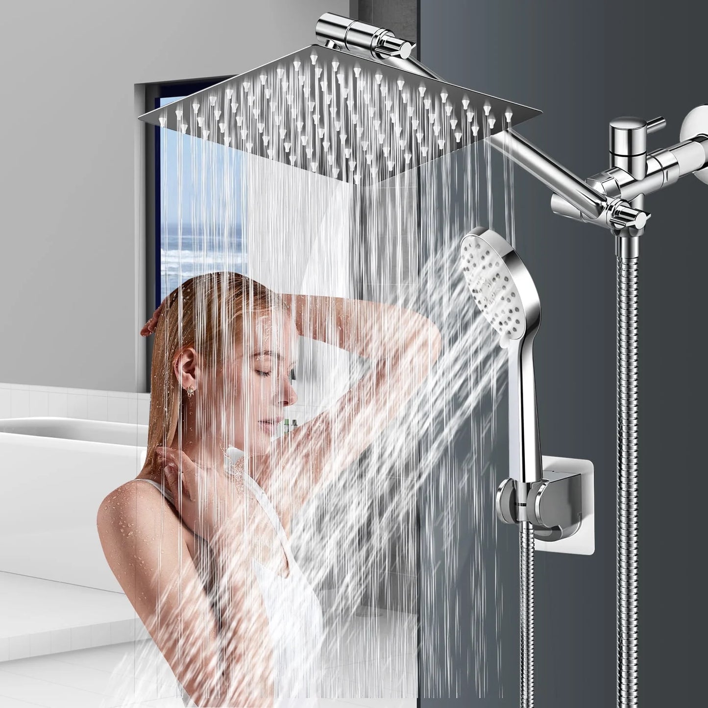 MOONORAH 10 Inch High Pressure Rain Shower Head Combo with Adjustable Extension Arm, Wide Rainfall & 5 Spray Handheld Showerhead, Dual Anti-Clog Nozzles for Ultimate Shower Experience, Silver