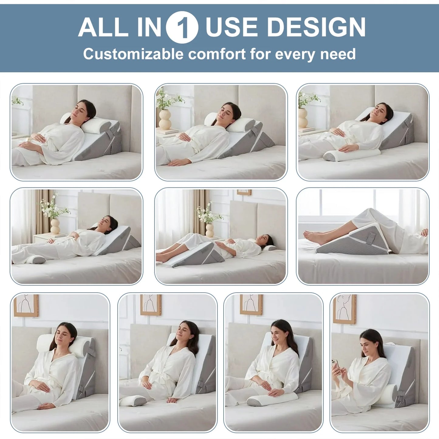 MOONORAH Wedge Pillow for Sleep Apnea, Adjustable Wedge Pillow Headboard, Bed Wedge Pillow for Acid Reflux and Back Pain Relief, Pillow Wedge for Sleeping with Neck Support Pillow, White & Grey