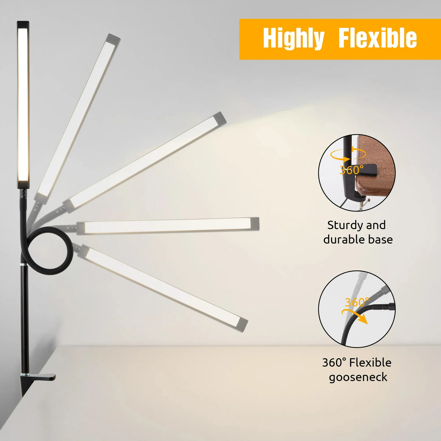 Onekawa Desk lamp with Clamp,Eye-Caring Clip on Lights,Adjustable Flexible Gooseneck Table Light for Home Office,Bed Headboard,Workbench,Black