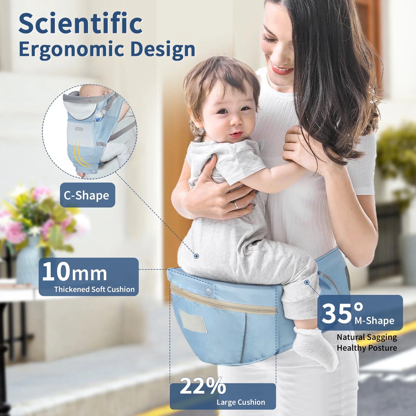 MOONORAH Baby Carrier with Hip Seat, Ergonomic M Position 6 in 1 Baby Wraps Carrier Adjustable Holder Newborn to Toddler with Head Support and Breathable Mesh Blue