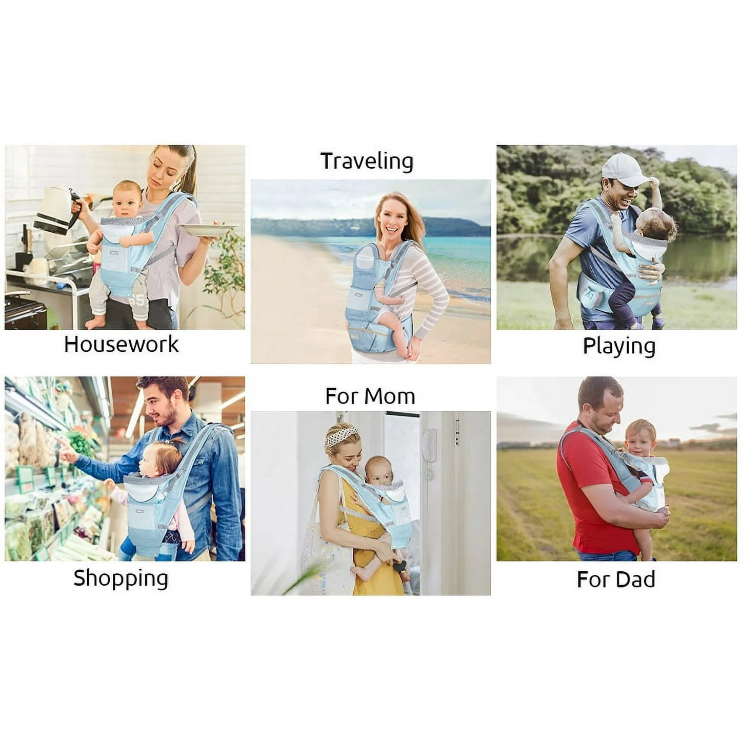 MOONORAH Baby Carrier with Hip Seat, Ergonomic M Position 6 in 1 Baby Wraps Carrier Adjustable Holder Newborn to Toddler with Head Support and Breathable Mesh Blue
