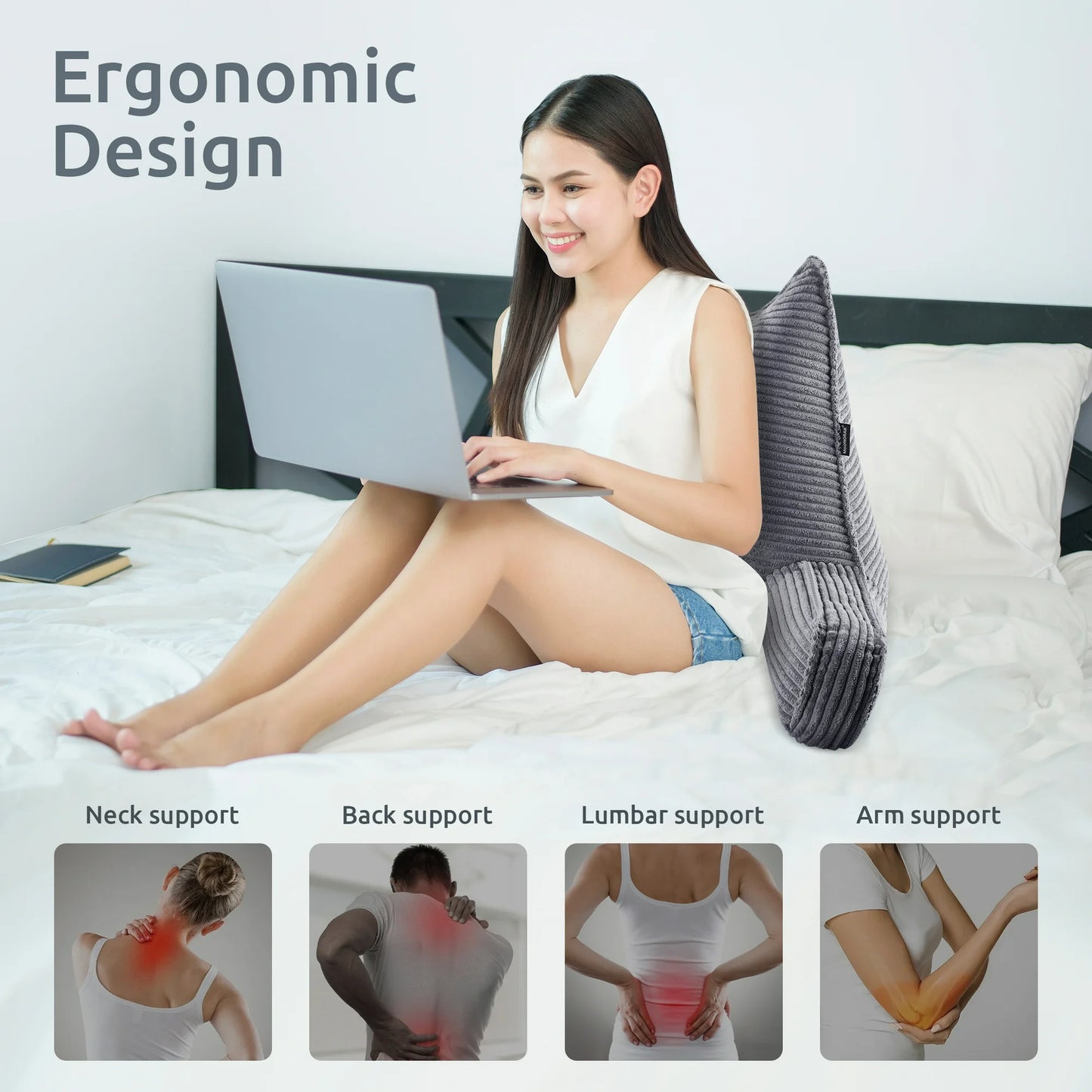 MOONORAH Backrest Reading Pillow with Arms Back Support for Sitting Up in Bed, Back Pillow with Shredded Memory Foam for Adult - Gray