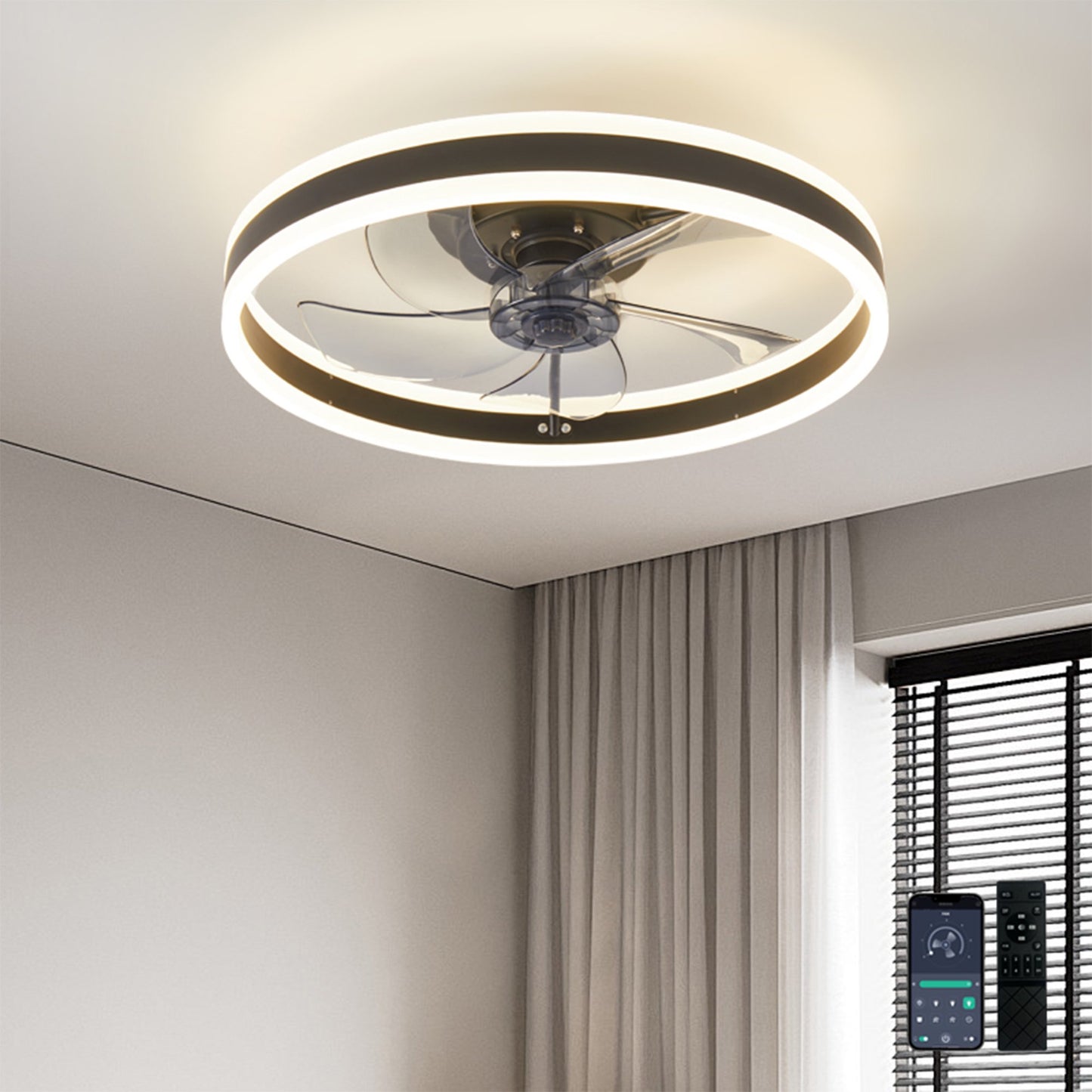 LOFTER-Pro Ceiling Fans with Lights and Remote, 19.7 in Low Profile Flush Mount Ceiling Fan, 3000-6000K Dimmable LED Fan Light, 6 Wind Speeds for Bedroom, Kitchen, Kids Room, Black