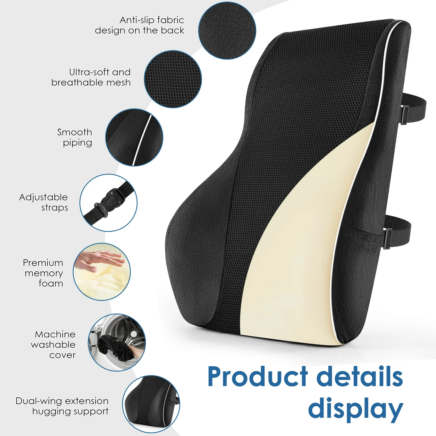 WANALIT Lumbar Support Pillow,Lumbar Pillow Cushion for Car, Computer, Gaming Chair,Ergonomic Memory Foam Back Cushion with Adjustable Strap,Black