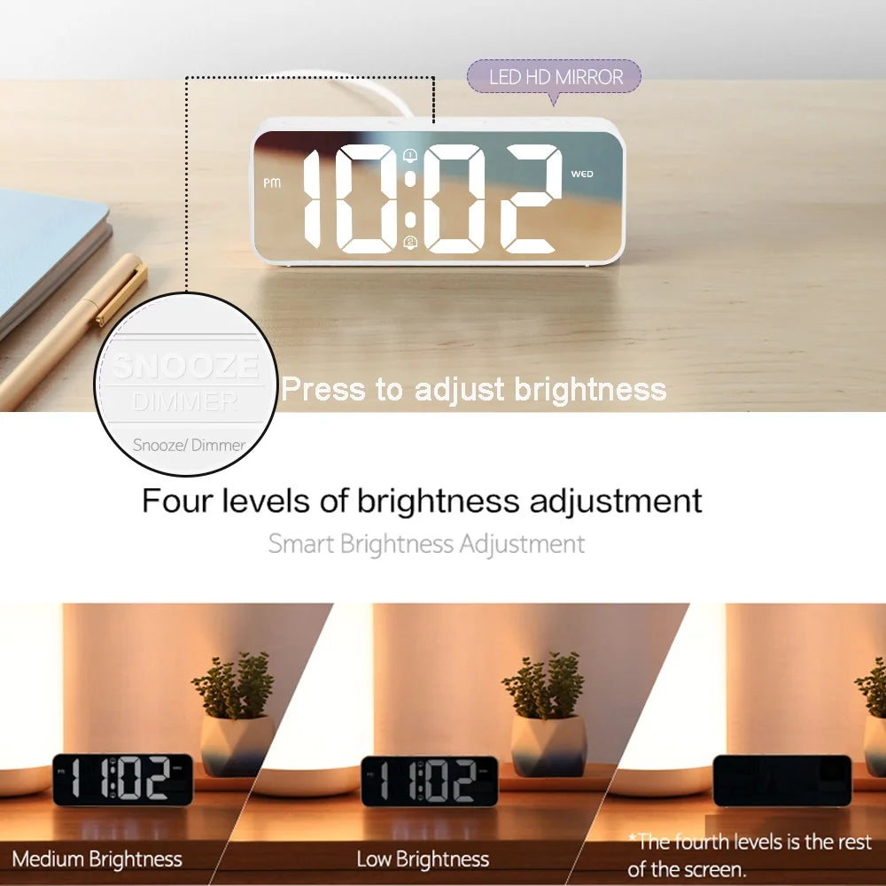 Onekawa 6.5" Digital Alarm Clock for Bederoom,Dimmer Desk Clock with Weekday Calendar & Temperature,Large Numbers LED Display,Adjustable Dual Alarm Volumes,12/24H, Snooze ,White
