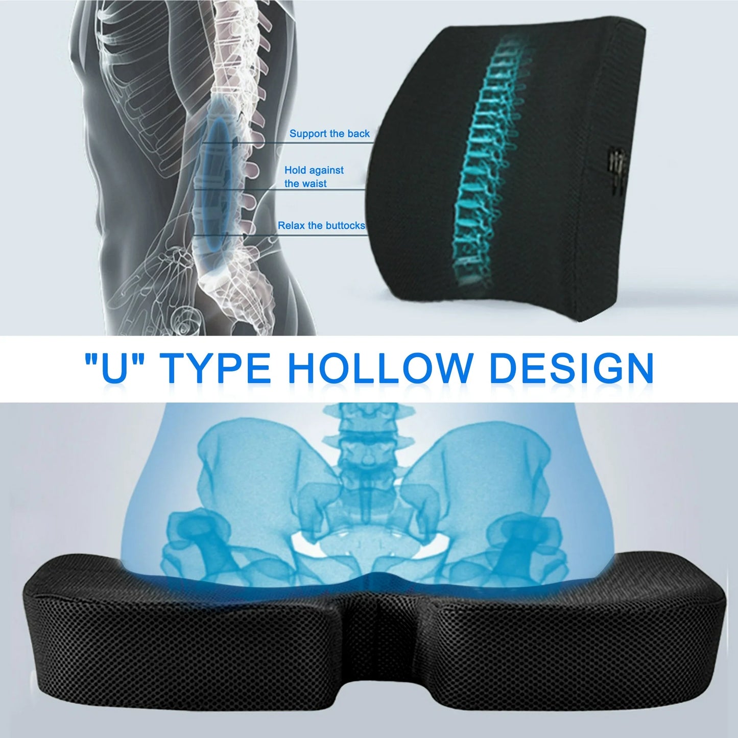 DONAMA Memory Foam Chair Seat & Lumbar Cushion for Tailbone, Hip Pain Relief - Ideal for Office, Car, Wheelchair